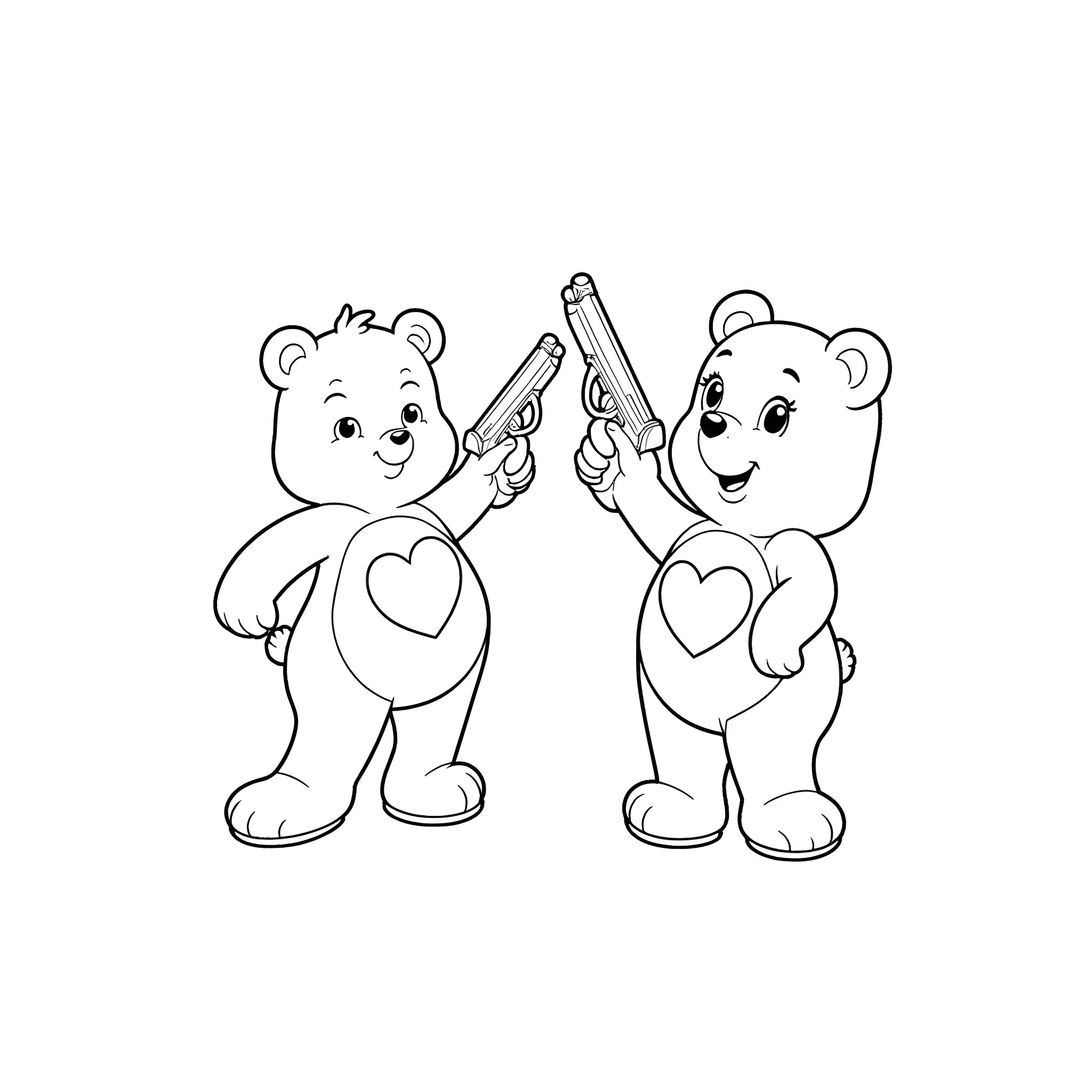 Care Bear Friends Holding Toys Coloring Page (free black-and-white line drawing printable PDF for all, from beginners to advanced learners, including children, teens, adults, and seniors)