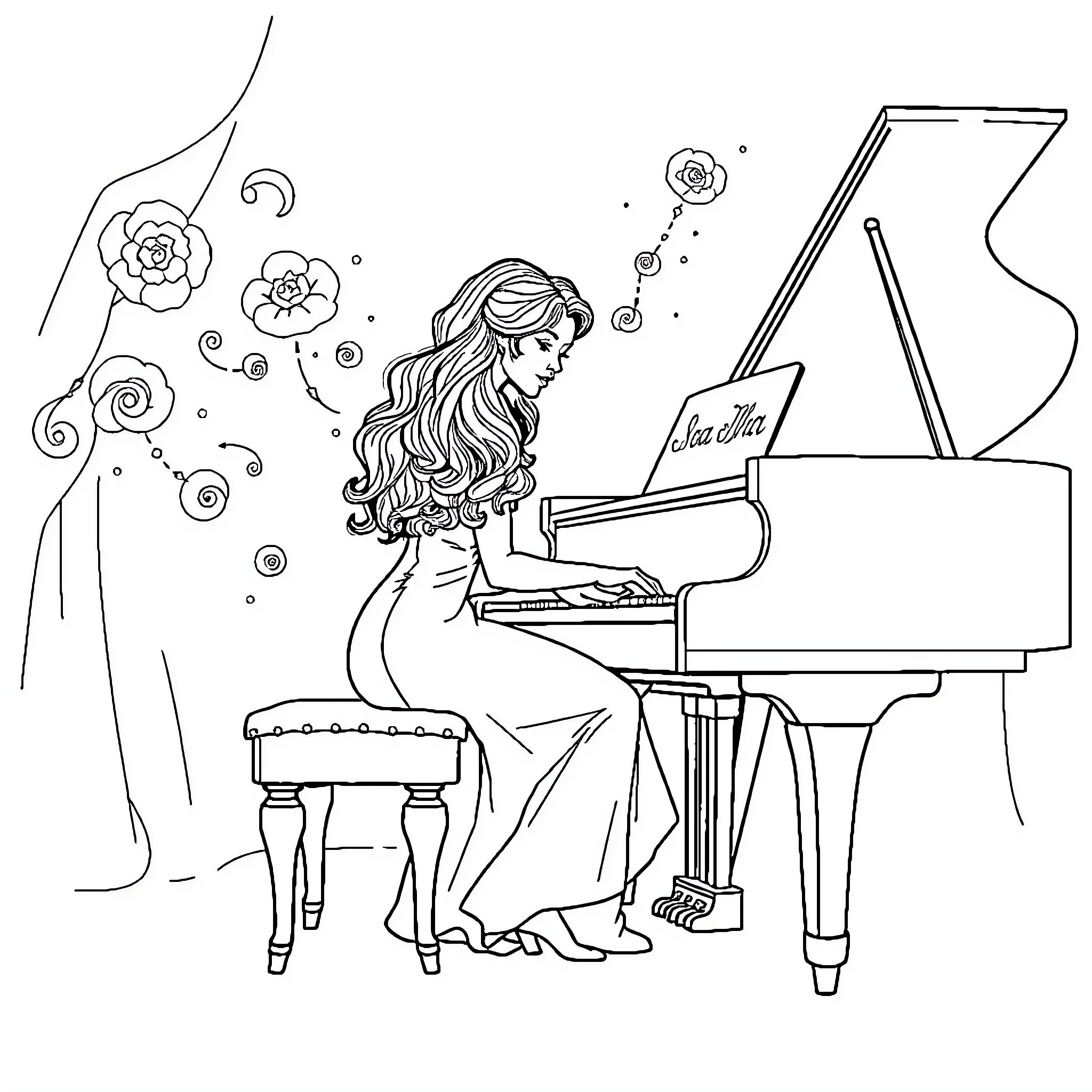 SZA Performing Passionately on Stage Coloring Page (free black-and-white line drawing printable PDF for all, from beginners to advanced learners, including children, teens, adults, and seniors)