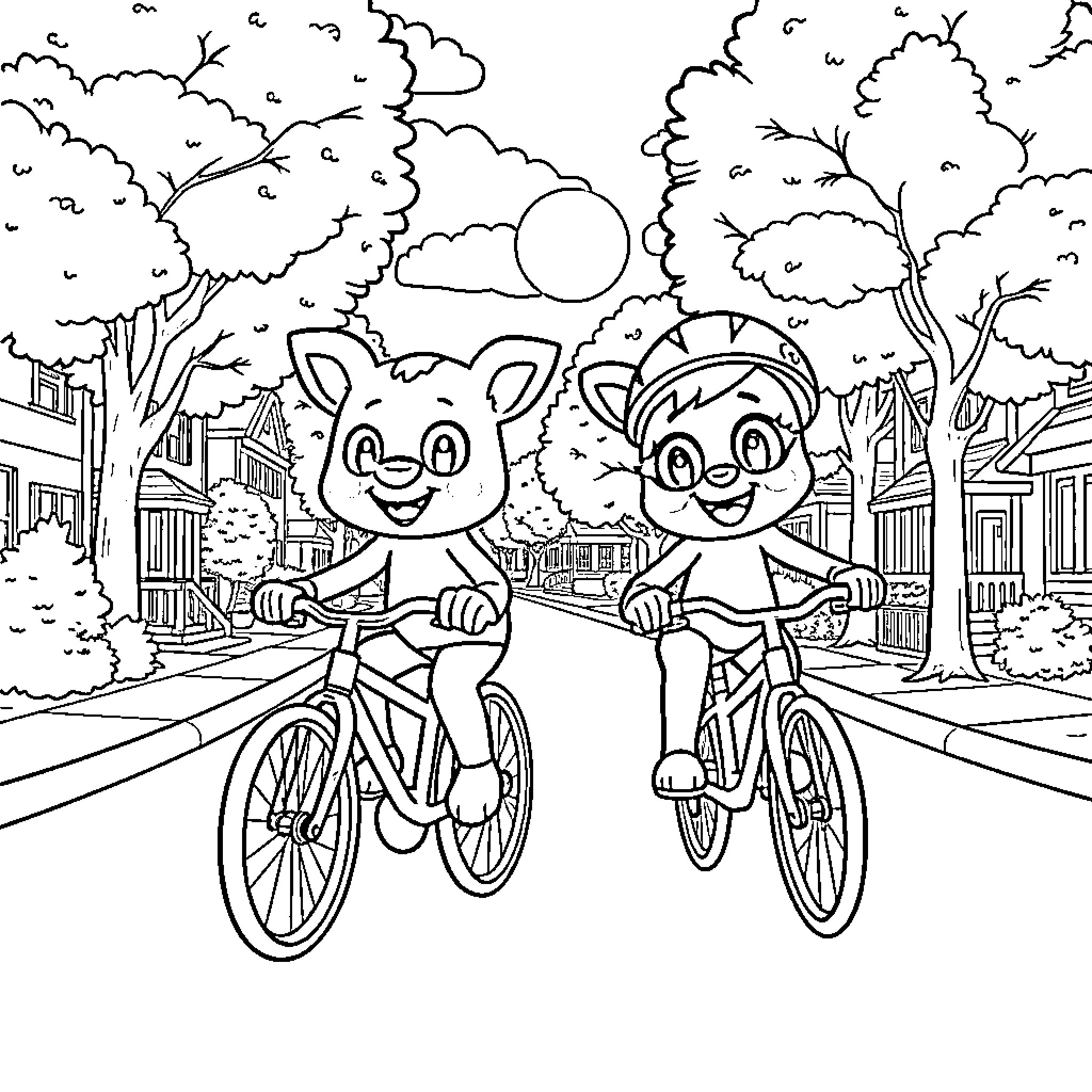 Bluey and Bingo Riding Bicycles in a Cheerful Town Coloring Page (free black-and-white line drawing printable PDF for all, from beginners to advanced learners, including children, teens, adults, and seniors)