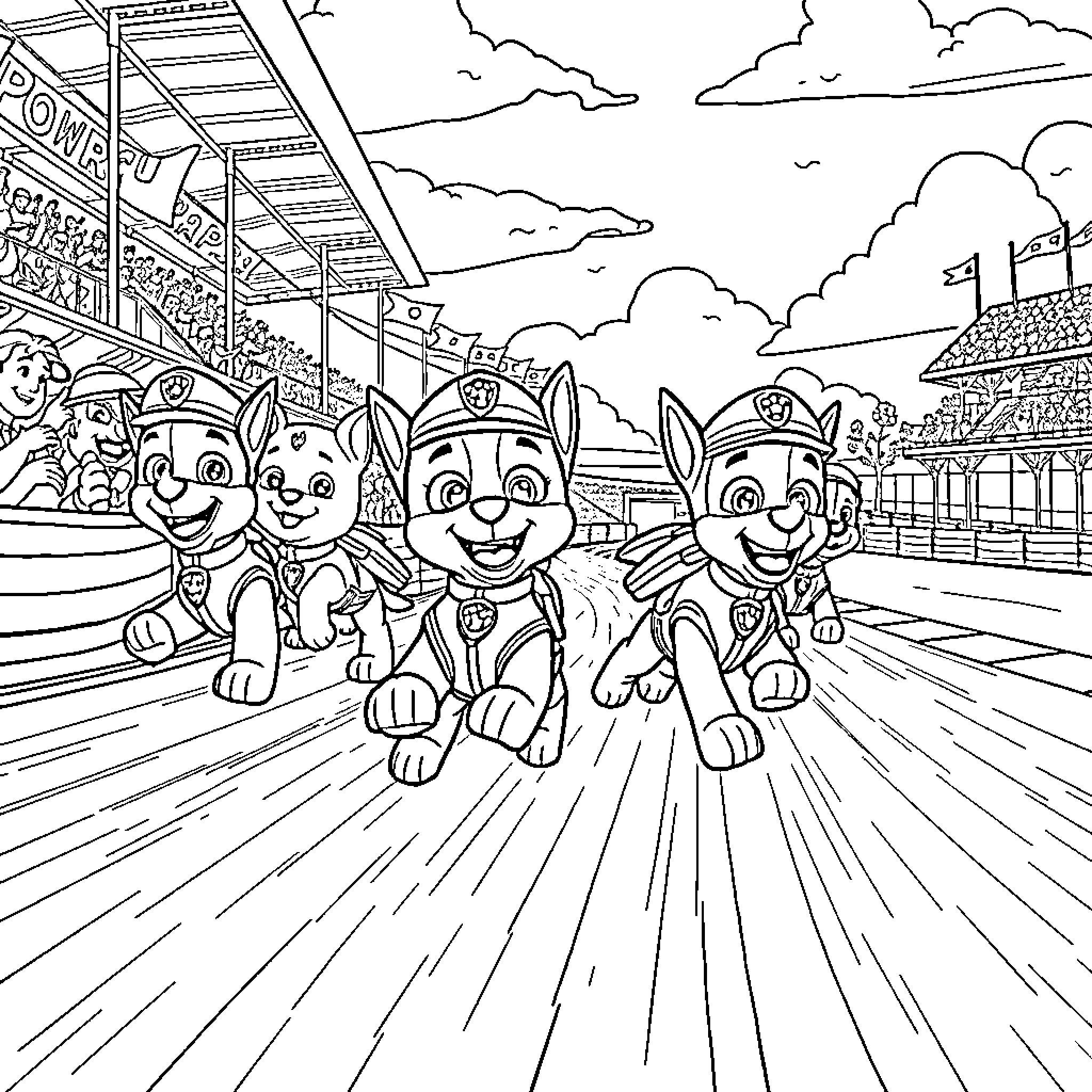 Paw Patrol dogs on an exciting adventure Coloring Page (free black-and-white line drawing printable PDF for all, from beginners to advanced learners, including children, teens, adults, and seniors)