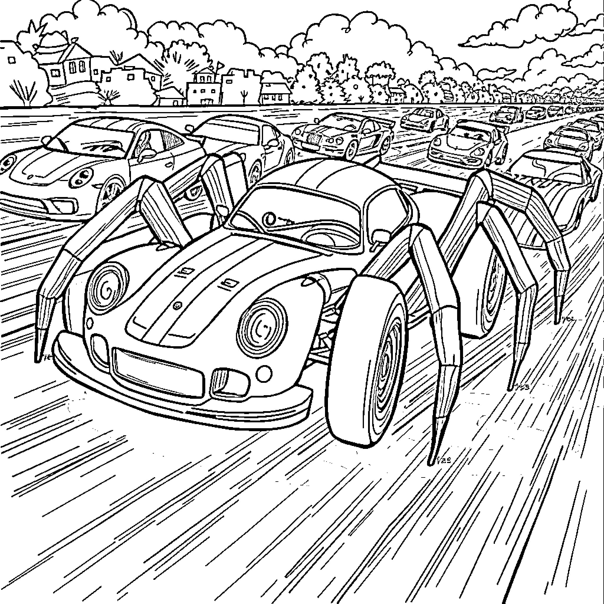 Spider car race through city streets Coloring Page (free black-and-white line drawing printable PDF for all, from beginners to advanced learners, including children, teens, adults, and seniors)