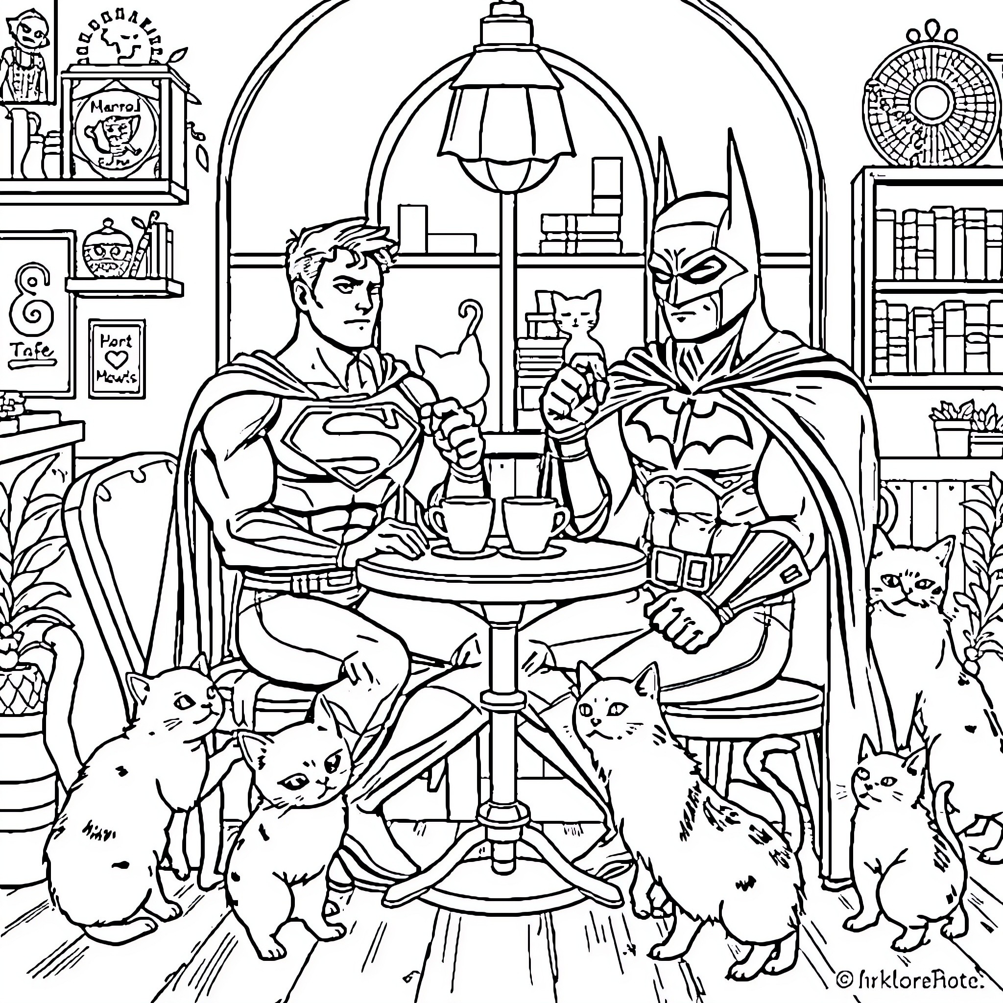 Superman and Batman Enjoy a Cat-Filled Adventure Coloring Page (free black-and-white line drawing printable PDF for all, from beginners to advanced learners, including children, teens, adults, and seniors)