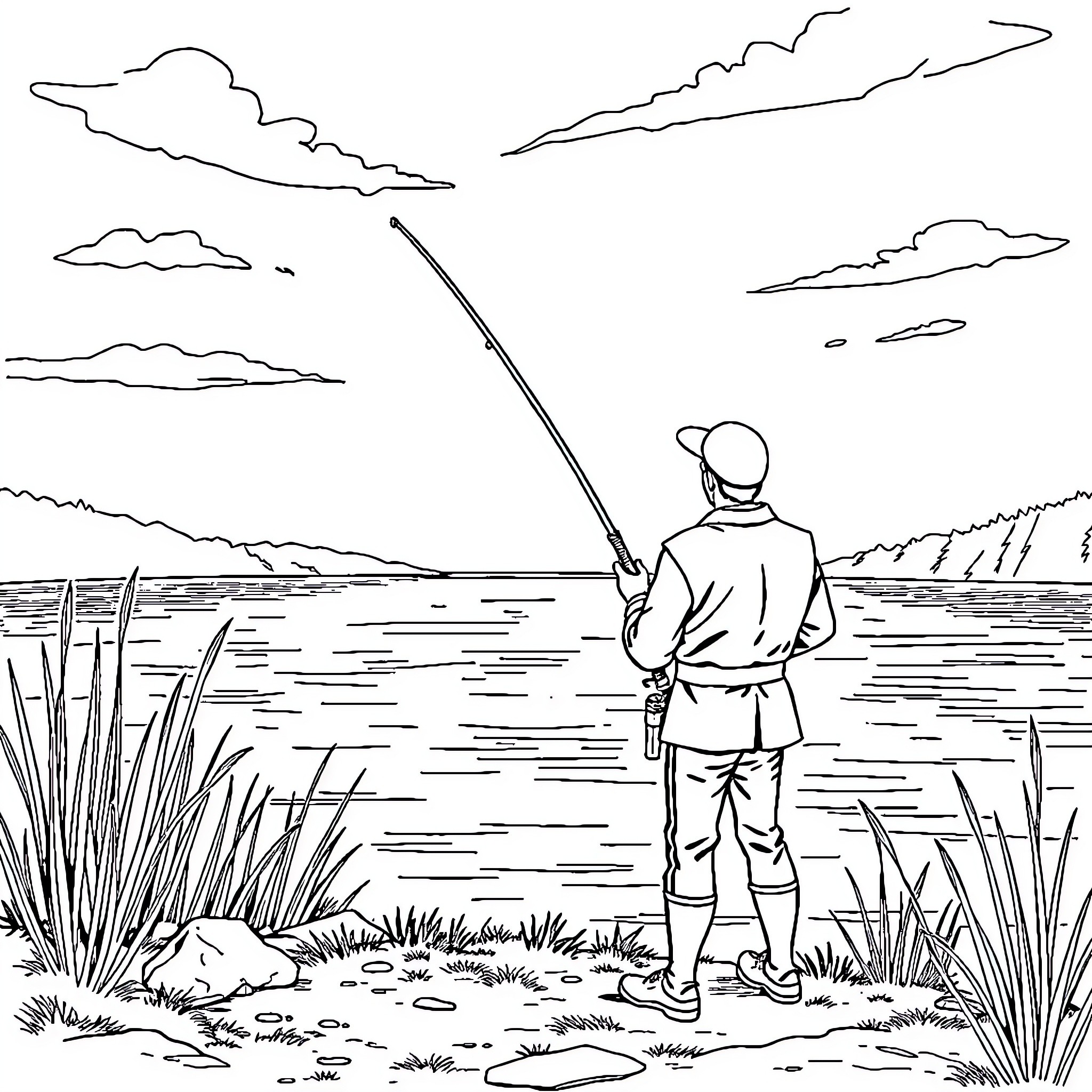 Captain Scarlet fishing by the river Coloring Page (free black-and-white line drawing printable PDF for all, from beginners to advanced learners, including children, teens, adults, and seniors)
