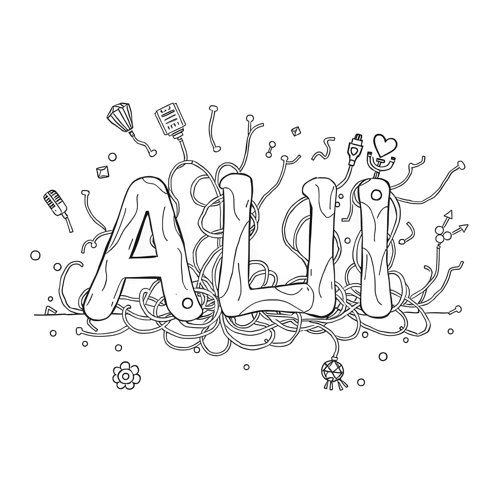 ALI Abstract Doodle Art with Various Icons Coloring Page (free black-and-white line drawing printable PDF for all, from beginners to advanced learners, including children, teens, adults, and seniors)