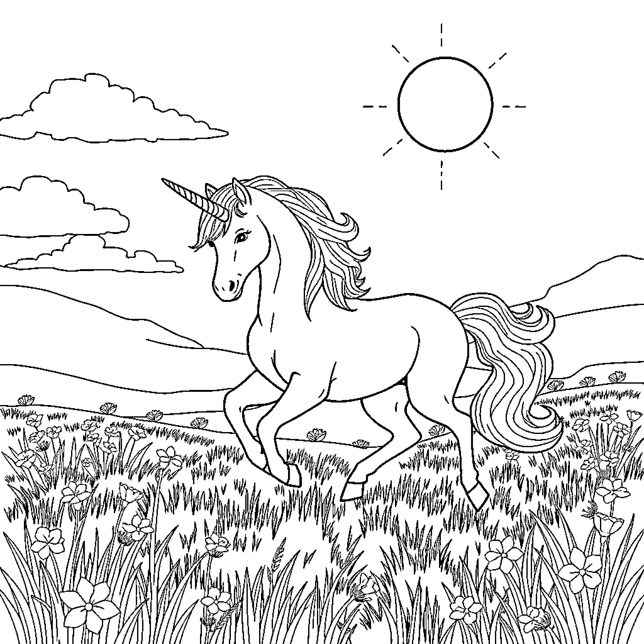 Unicorn galloping through a magical meadow Coloring Page (free black-and-white line drawing printable PDF for all, from beginners to advanced learners, including children, teens, adults, and seniors)