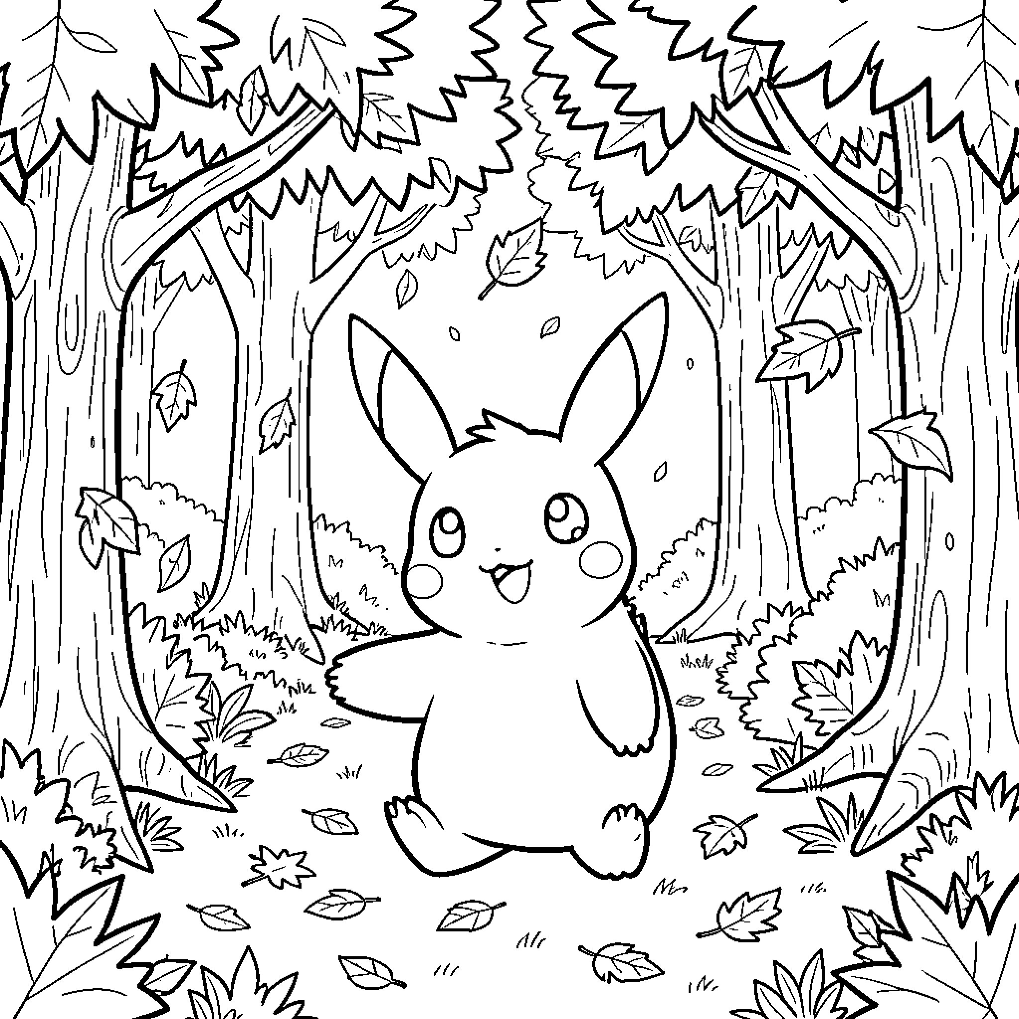Pokémon Pikachu walking happily through a leafy forest Coloring Page (free black-and-white line drawing printable PDF for all, from beginners to advanced learners, including children, teens, adults, and seniors)