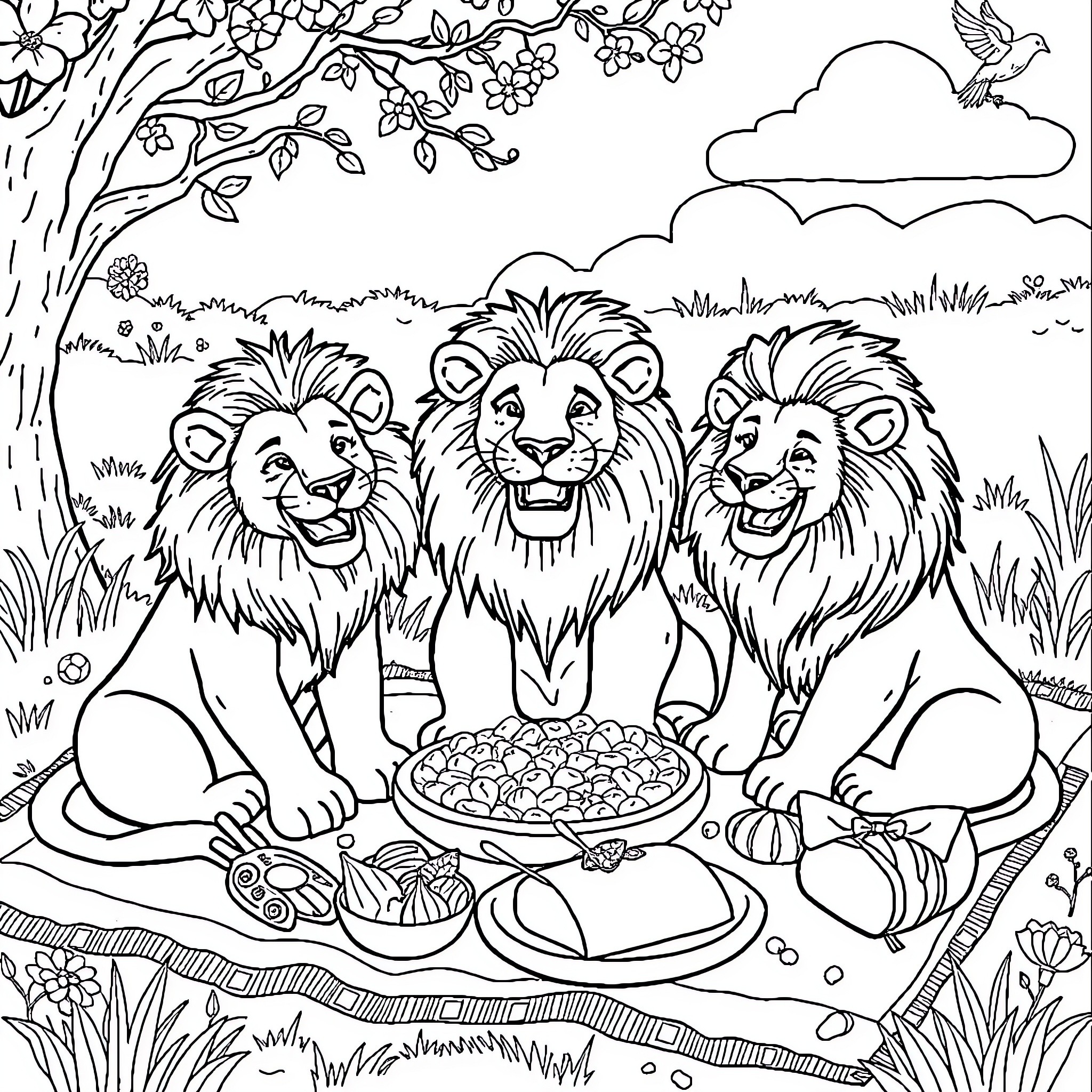 Lion friends enjoying a meal in the wild Coloring Page (free black-and-white line drawing printable PDF for all, from beginners to advanced learners, including children, teens, adults, and seniors)