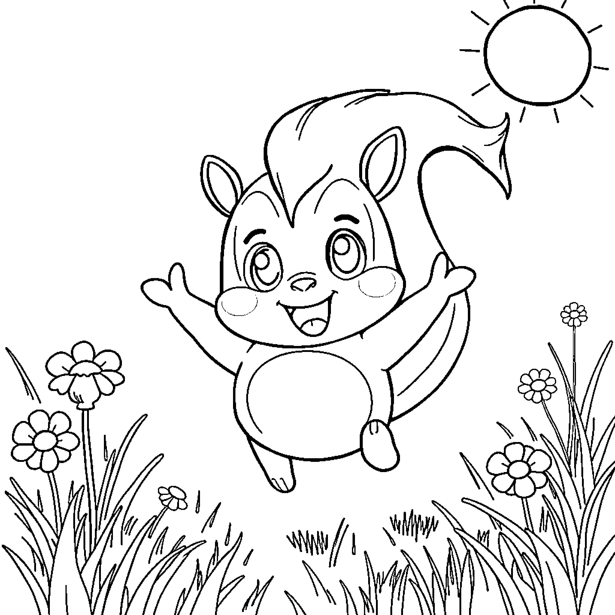 Sprunki's cheerful dance in a flowery meadow Coloring Page (free black-and-white line drawing printable PDF for all, from beginners to advanced learners, including children, teens, adults, and seniors)