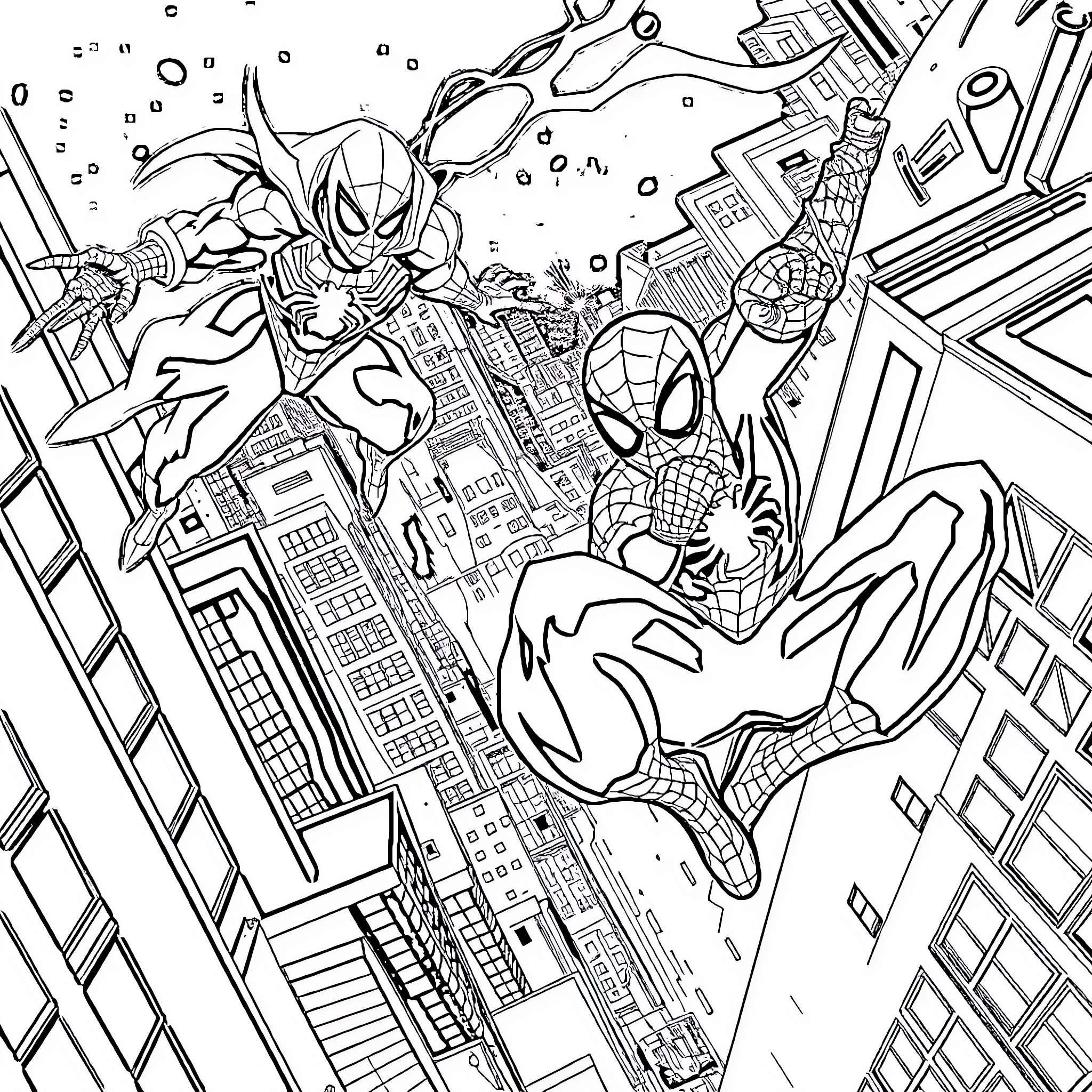 Spiderman and friends saving the city Coloring Page (free black-and-white line drawing printable PDF for all, from beginners to advanced learners, including children, teens, adults, and seniors)