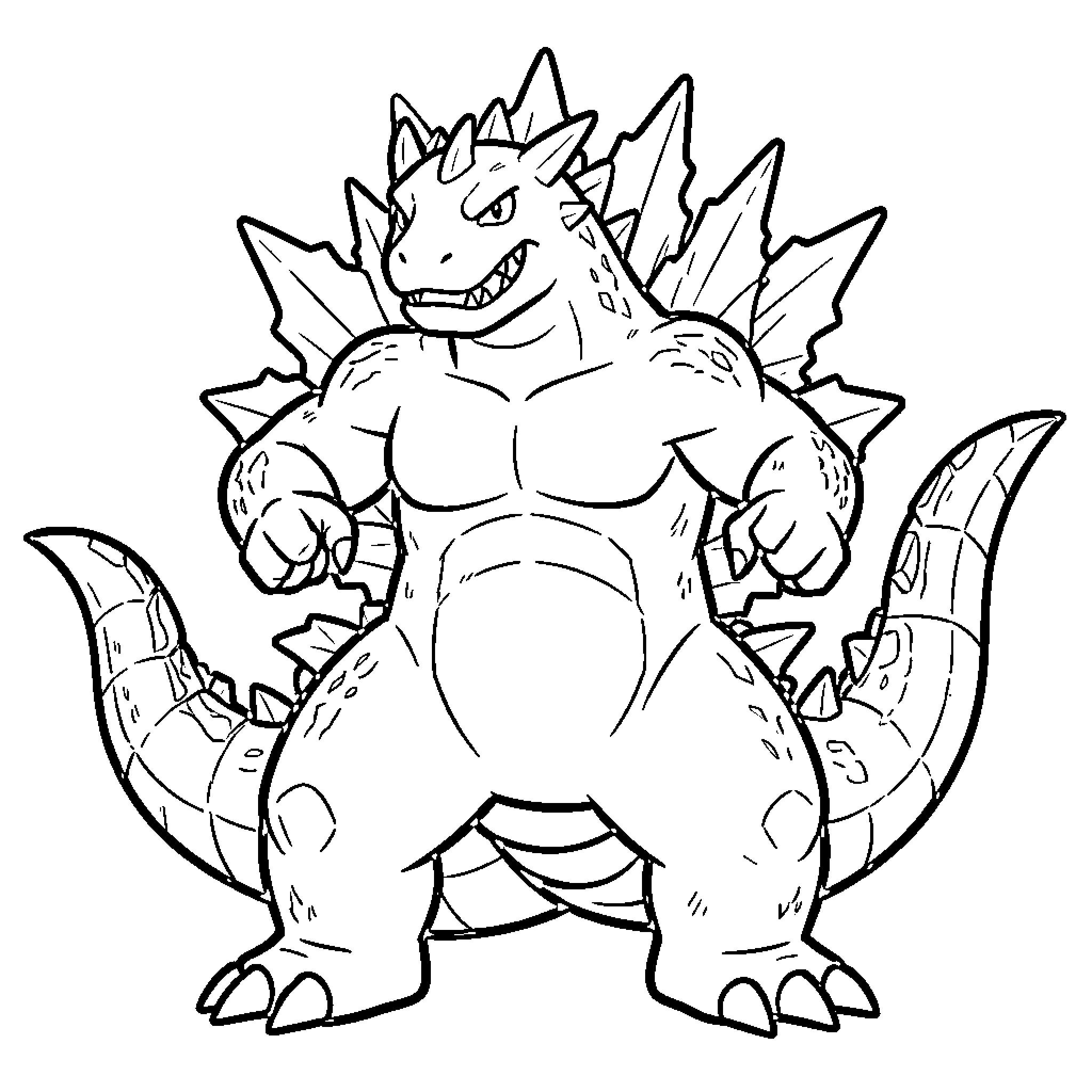Godzilla standing in a powerful and menacing pose Coloring Page (free black-and-white line drawing printable PDF for all, from beginners to advanced learners, including children, teens, adults, and seniors)