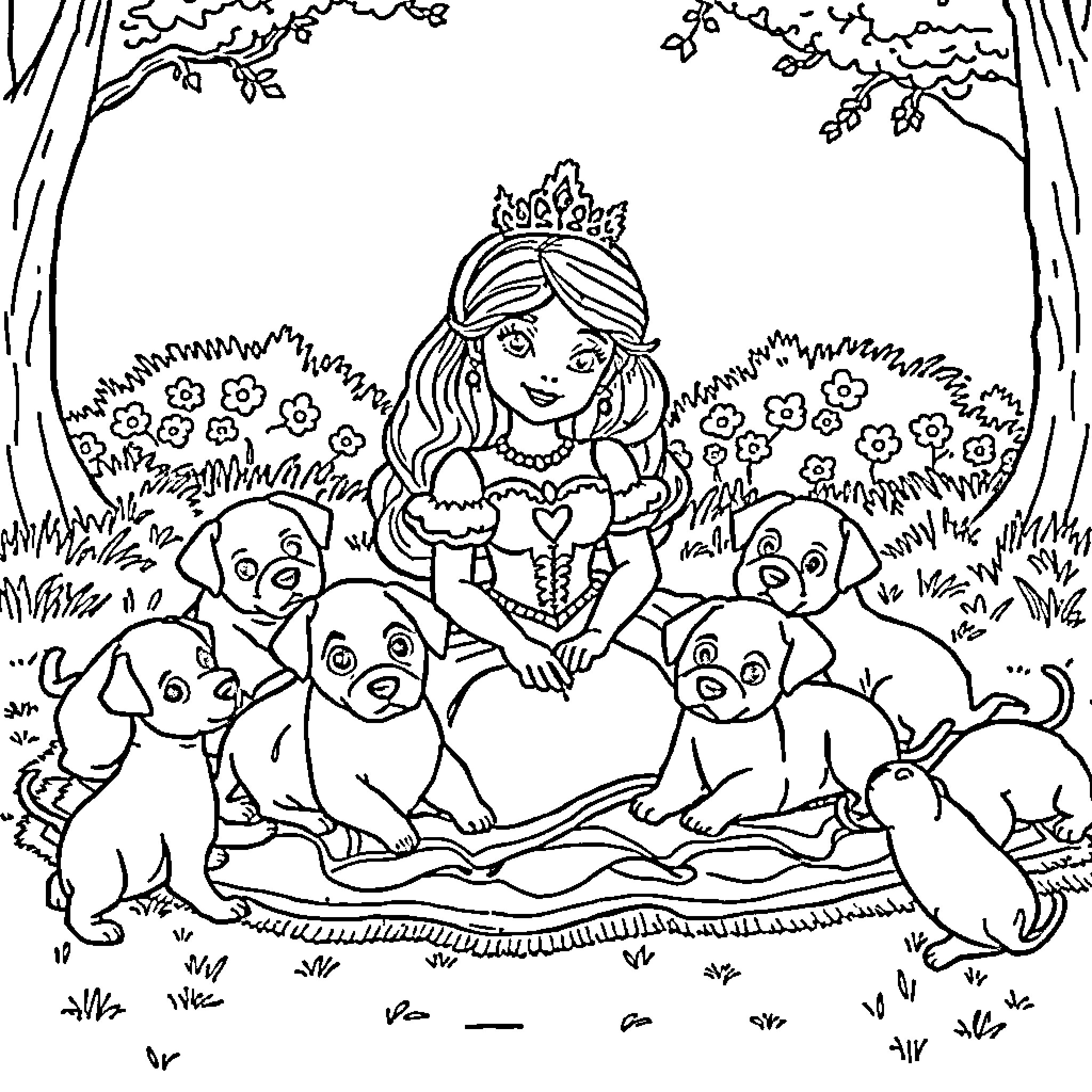 Princess surrounded by friendly animals in the forest Coloring Page (free black-and-white line drawing printable PDF for all, from beginners to advanced learners, including children, teens, adults, and seniors)