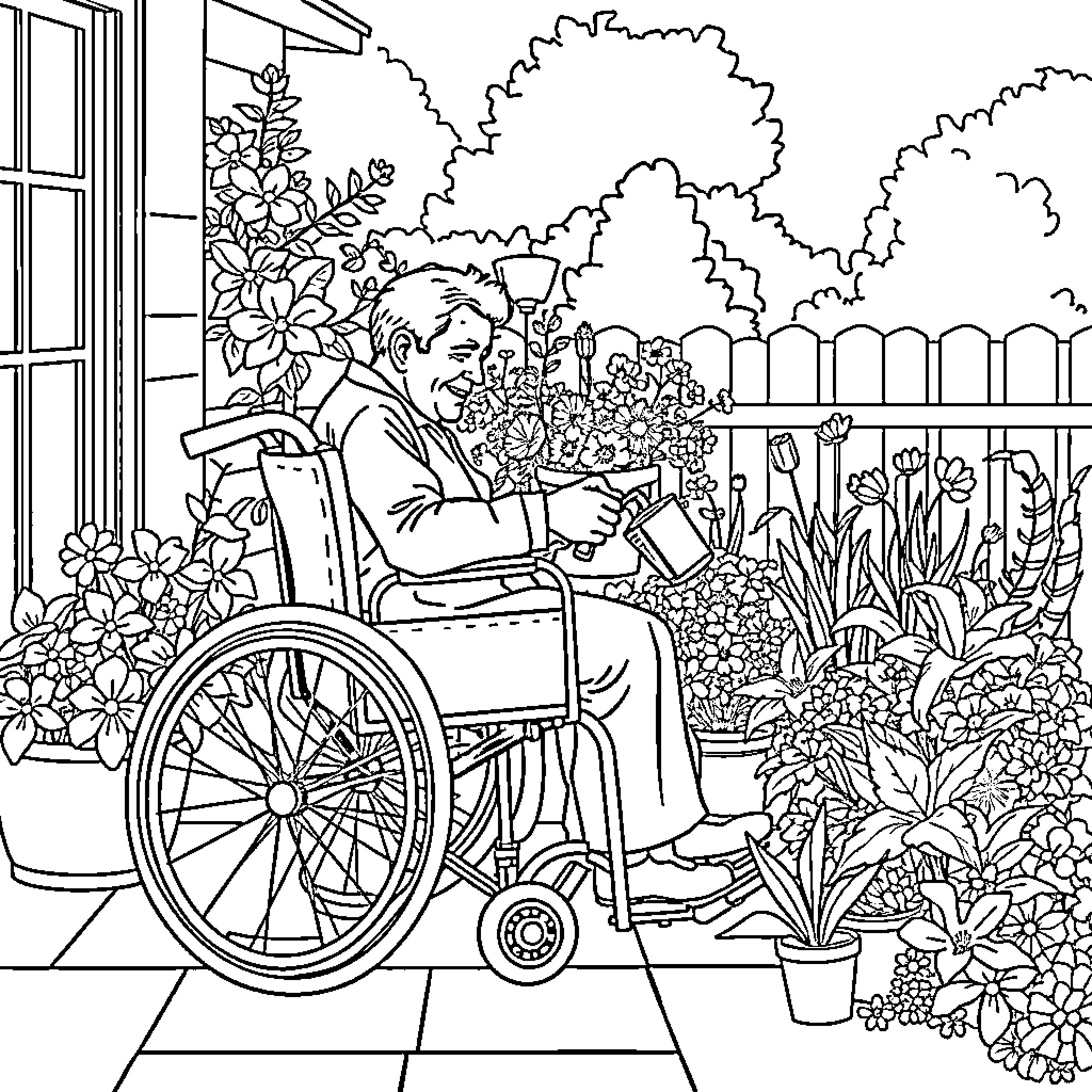 Patient enjoying a peaceful garden in wheelchair Coloring Page (free black-and-white line drawing printable PDF for all, from beginners to advanced learners, including children, teens, adults, and seniors)