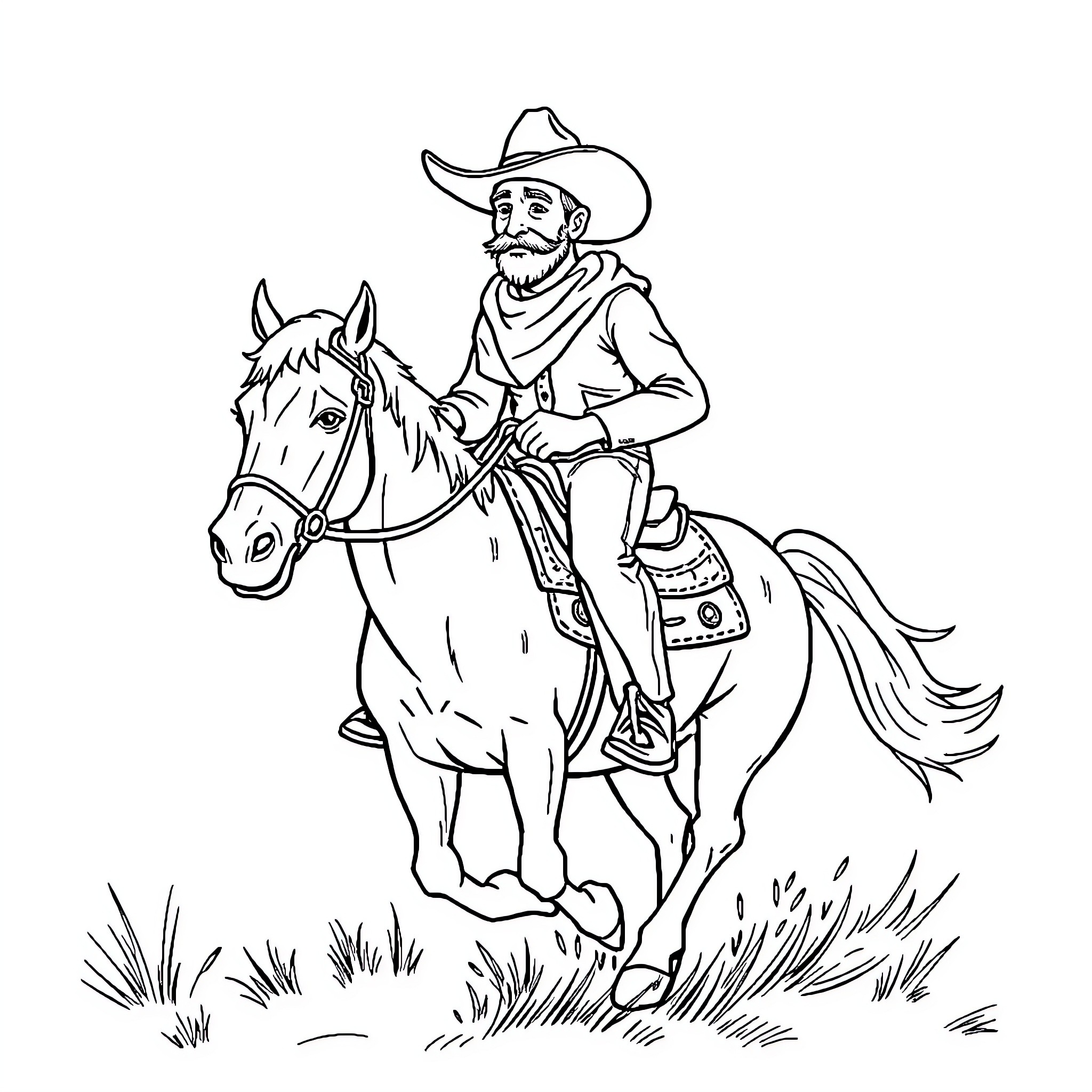 Cowboy riding a horse across the field Coloring Page (free black-and-white line drawing printable PDF for all, from beginners to advanced learners, including children, teens, adults, and seniors)