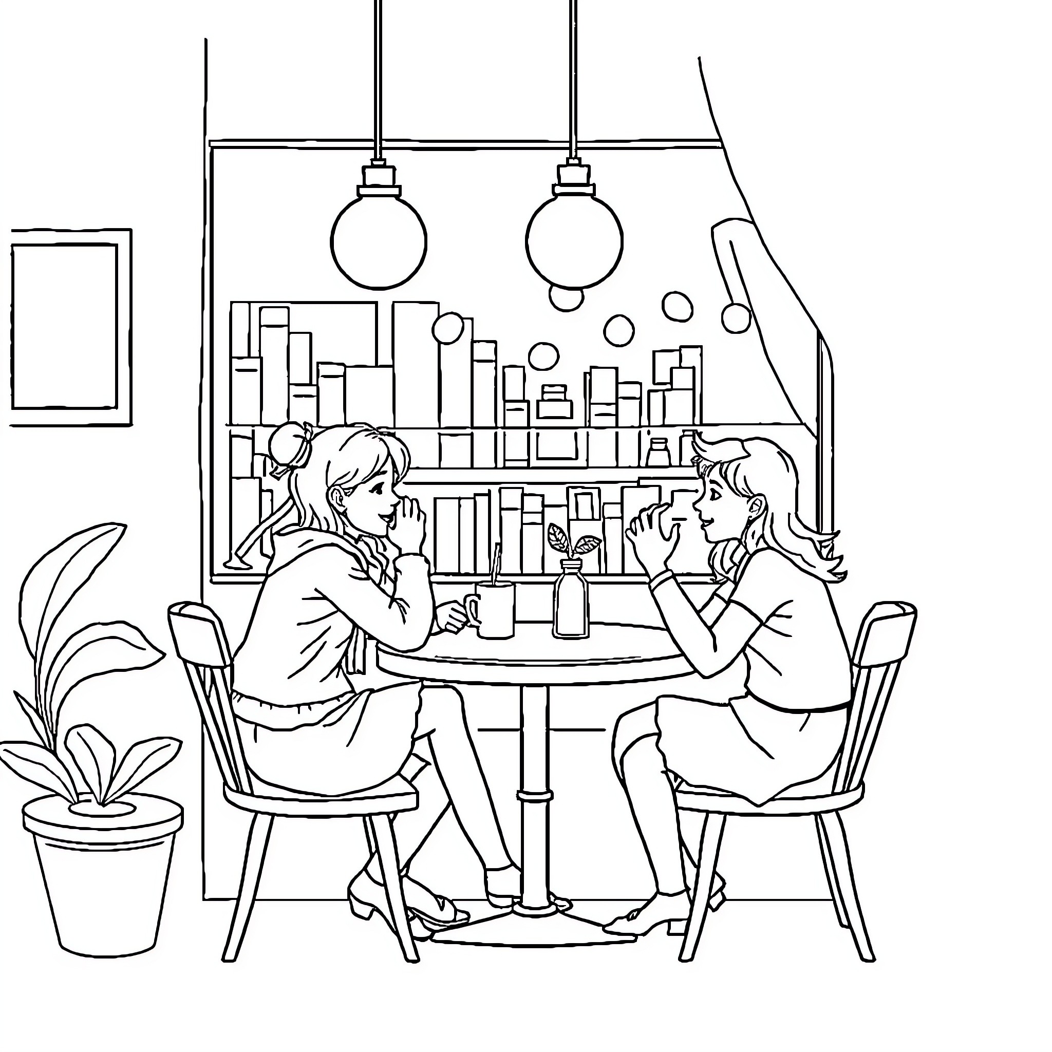 Cat Cafe Chat with Friends Coloring Page (free black-and-white line drawing printable PDF for all, from beginners to advanced learners, including children, teens, adults, and seniors)