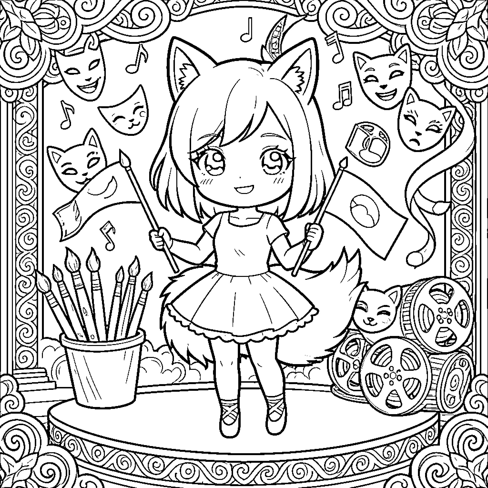 Kitsune girl surrounded by musical elements and artistic supplies Coloring Page (free black-and-white line drawing printable PDF for all, from beginners to advanced learners, including children, teens, adults, and seniors)