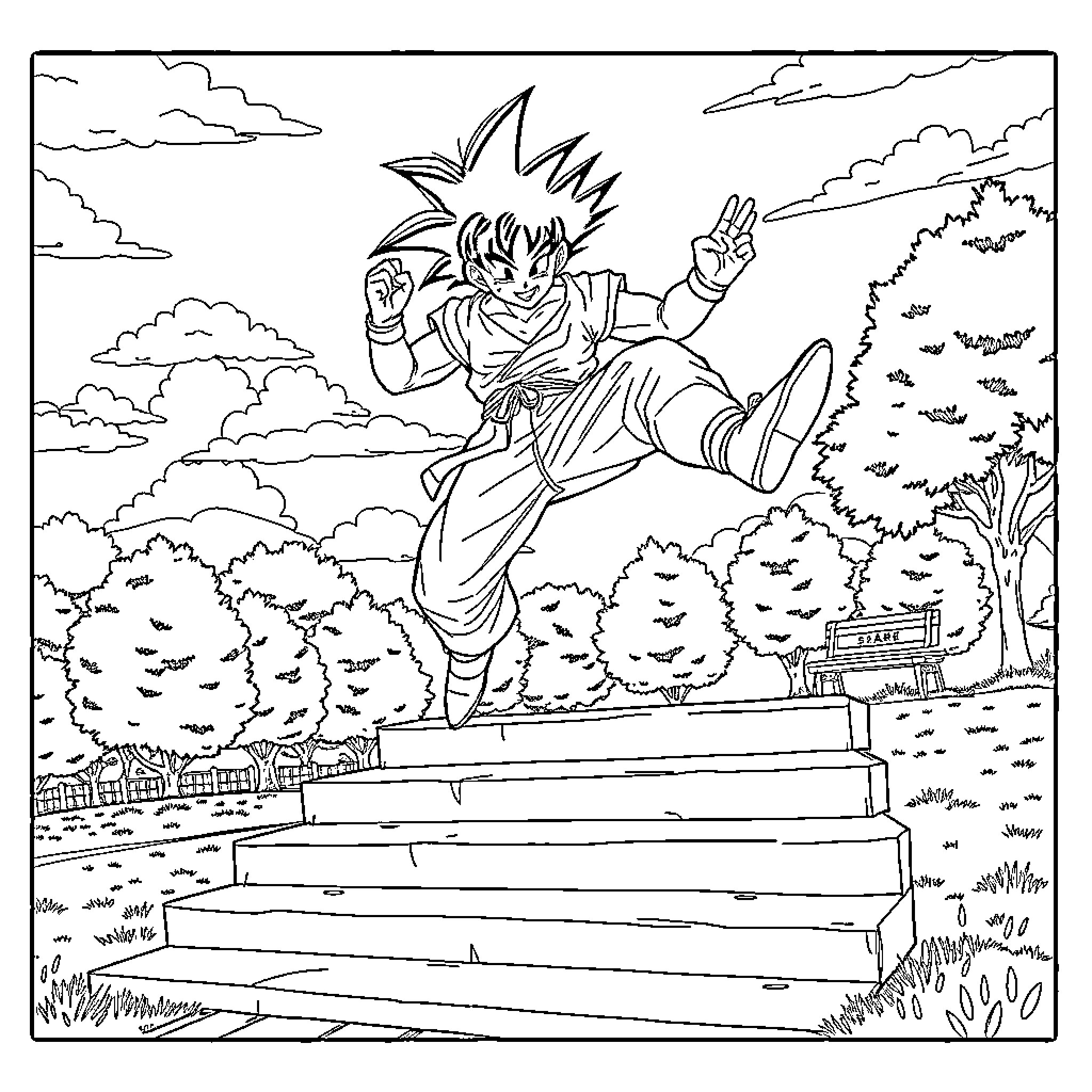 Goku triumphantly stands on a rocky ledge Coloring Page (free black-and-white line drawing printable PDF for all, from beginners to advanced learners, including children, teens, adults, and seniors)