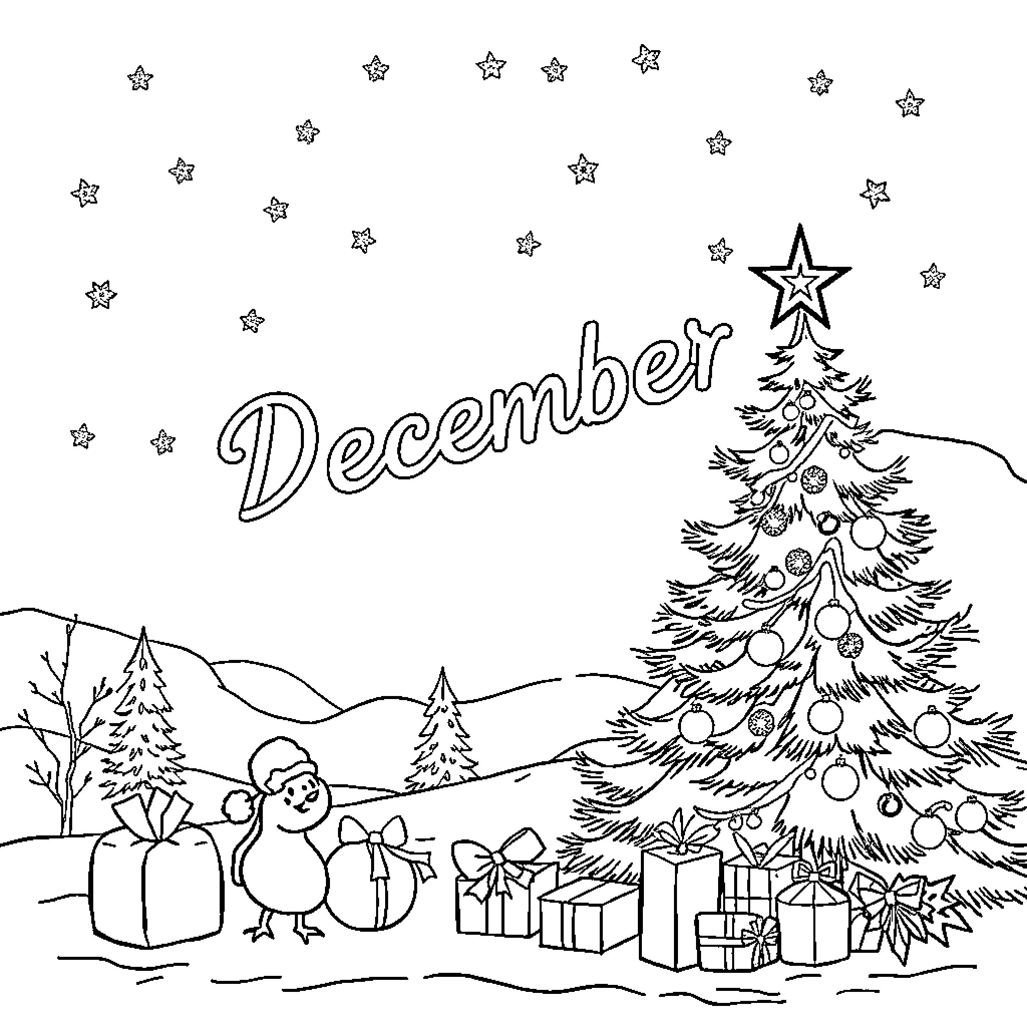 Christmas decorations and festive scenes in December Coloring Page (free black-and-white line drawing printable PDF for all, from beginners to advanced learners, including children, teens, adults, and seniors)