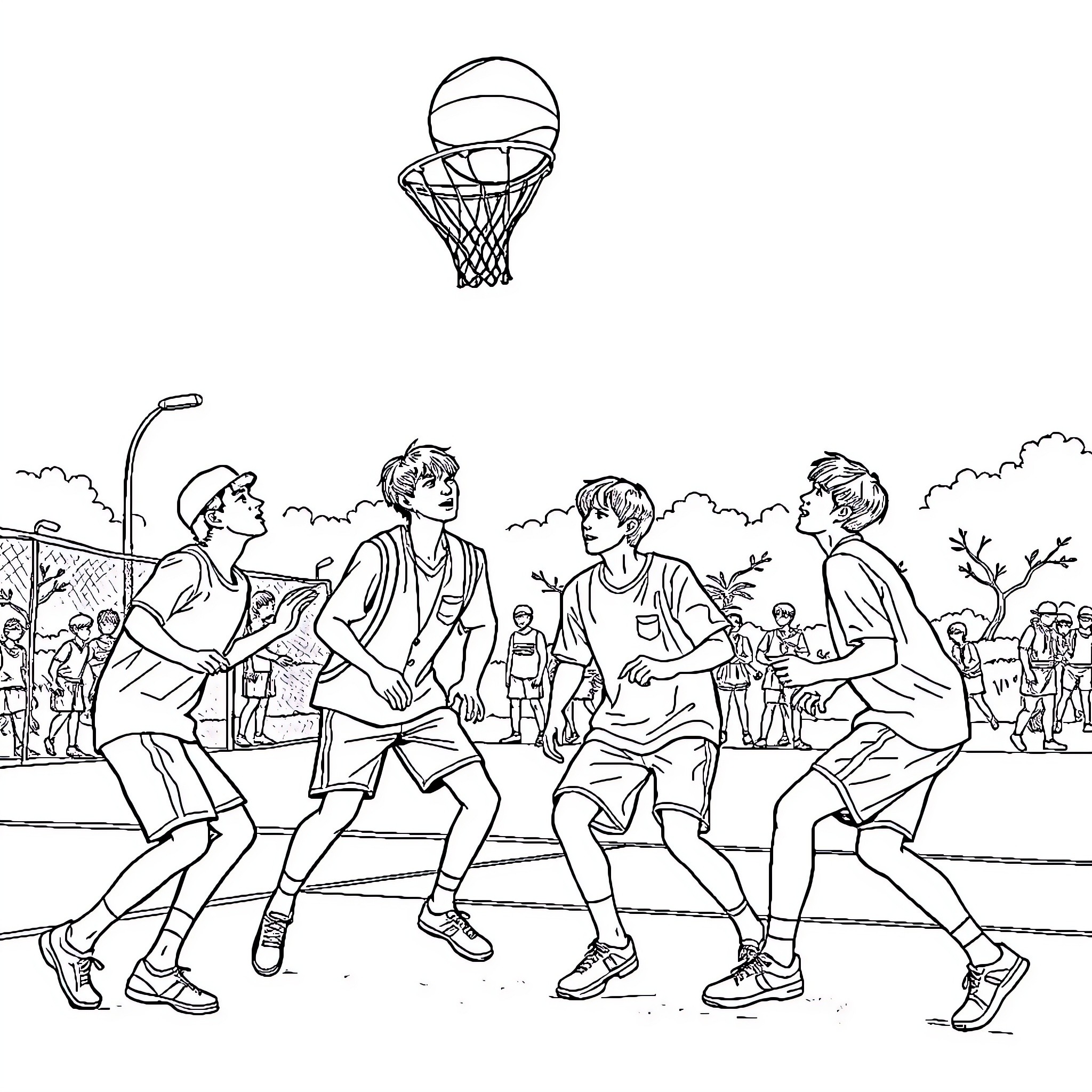 BTS players competing in a basketball game Coloring Page (free black-and-white line drawing printable PDF for all, from beginners to advanced learners, including children, teens, adults, and seniors)