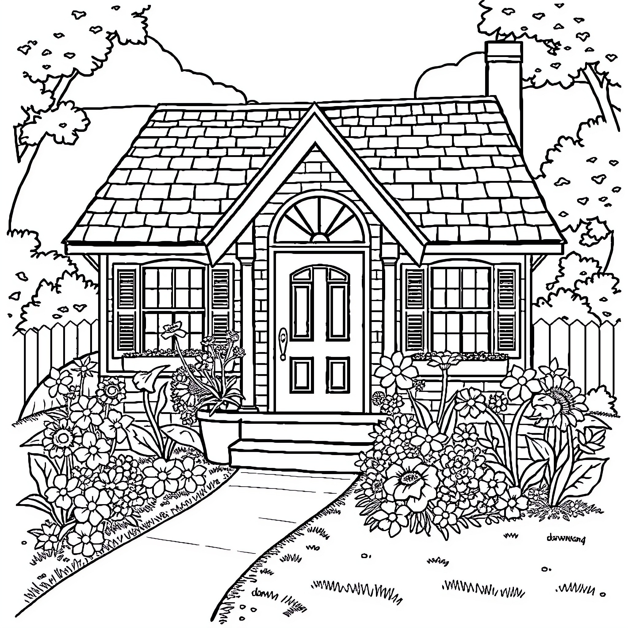 House with a Vibrant Garden and Charming Entrance Coloring Page (free black-and-white line drawing printable PDF for all, from beginners to advanced learners, including children, teens, adults, and seniors)