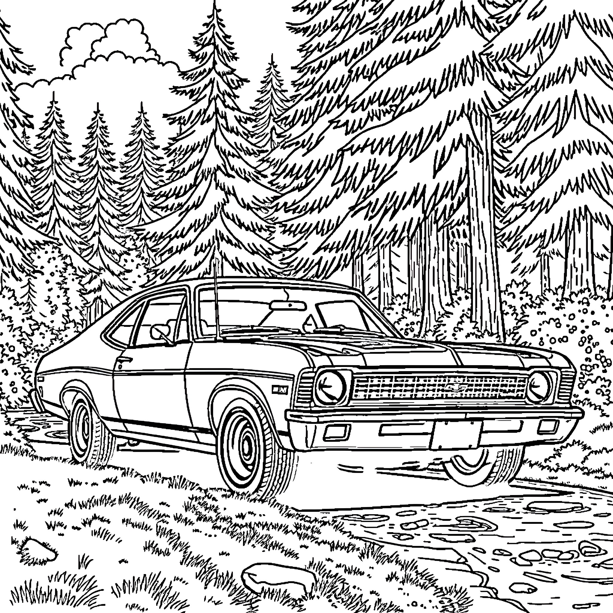 Chevy Nova in Scenic Forest Landscape Coloring Page (free black-and-white line drawing printable PDF for all, from beginners to advanced learners, including children, teens, adults, and seniors)
