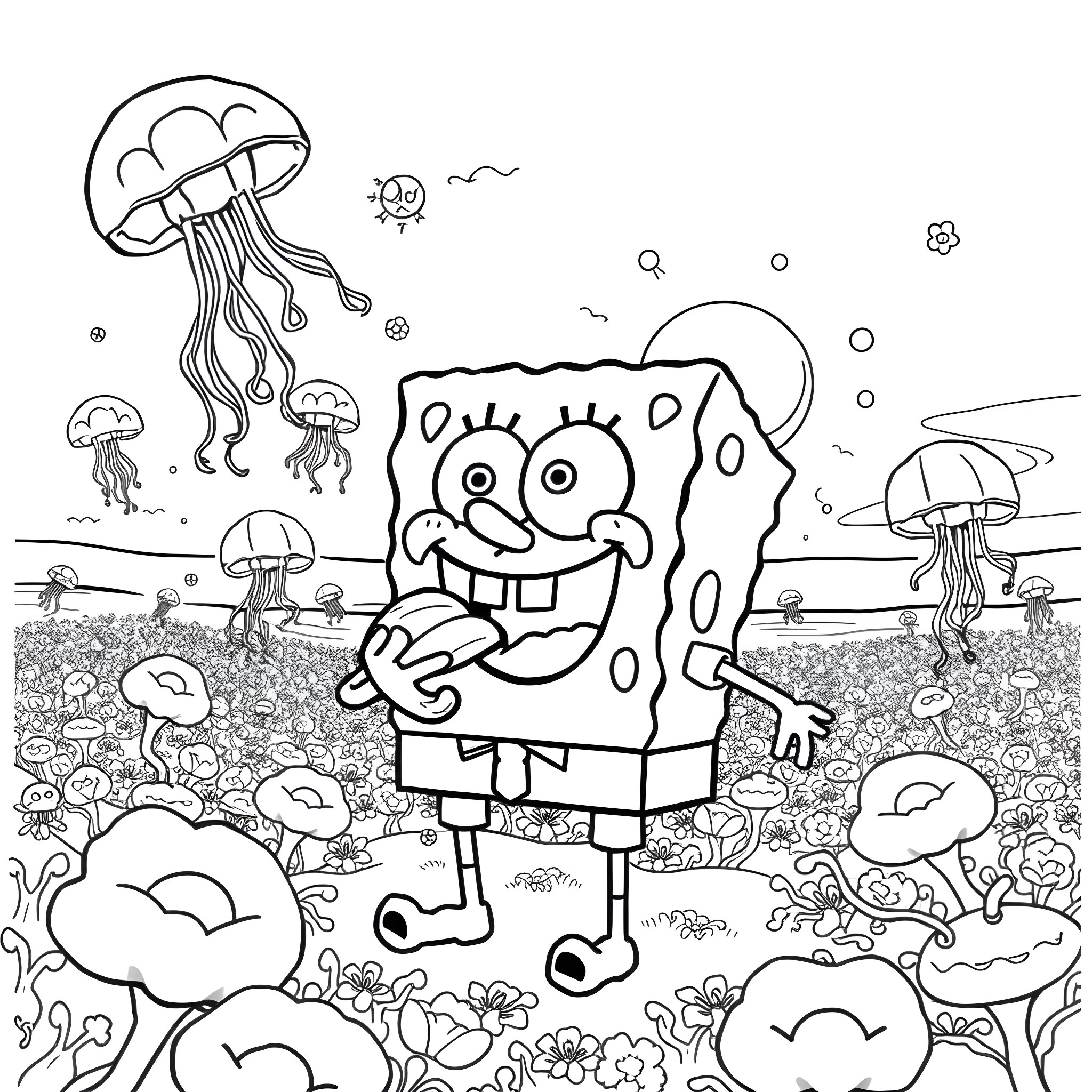 Spongebob surrounded by jellyfish in the underwater meadow Coloring Page (free black-and-white line drawing printable PDF for all, from beginners to advanced learners, including children, teens, adults, and seniors)