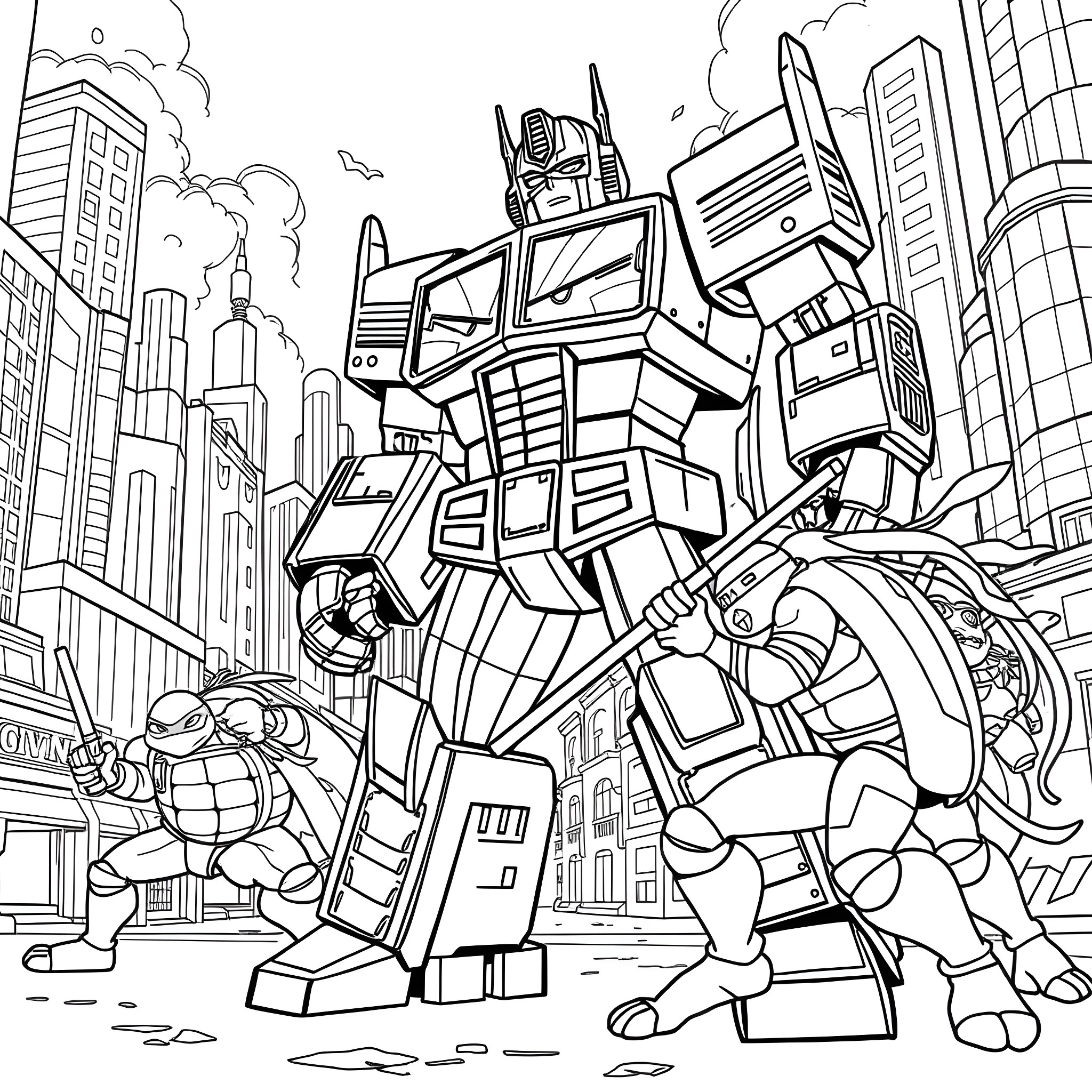 Optimus Prime leading the Autobots in an epic battle against the Decepticons Coloring Page (free black-and-white line drawing printable PDF for all, from beginners to advanced learners, including children, teens, adults, and seniors)