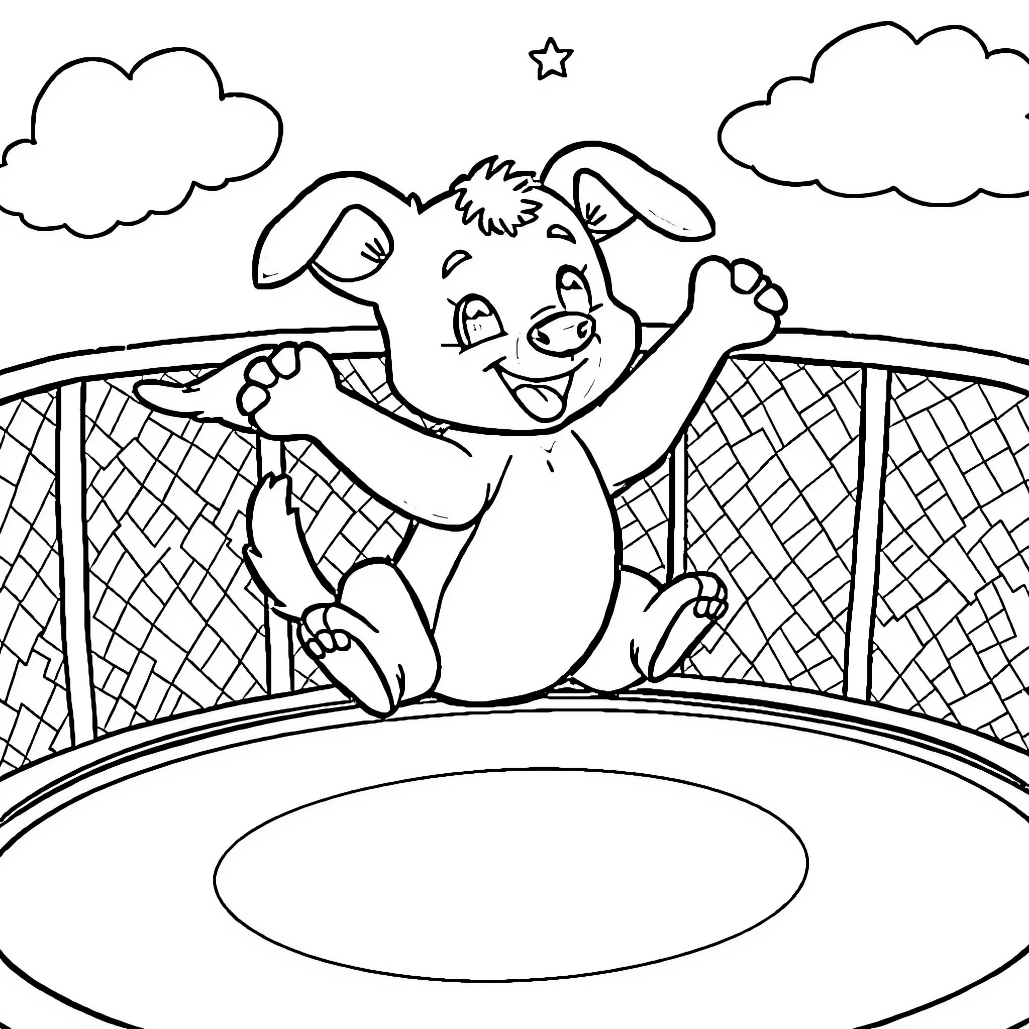 Bluey jumping happily on a trampoline Coloring Page (free black-and-white line drawing printable PDF for all, from beginners to advanced learners, including children, teens, adults, and seniors)