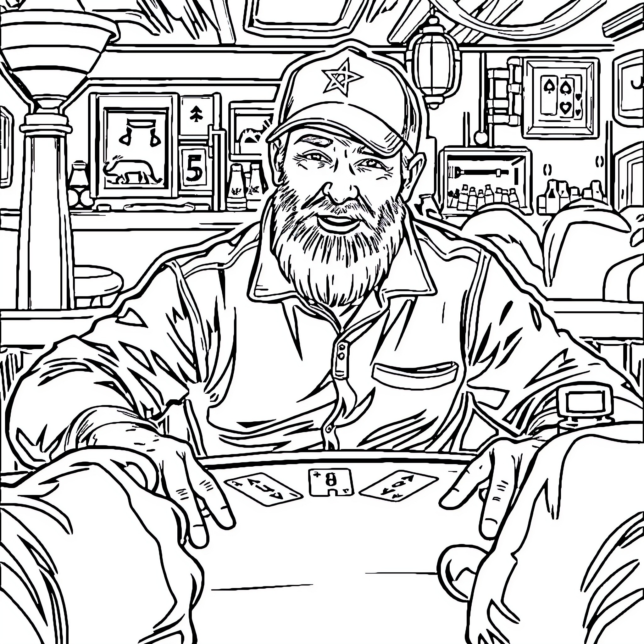 Dad working hard behind the counter of his shop Coloring Page (free black-and-white line drawing printable PDF for all, from beginners to advanced learners, including children, teens, adults, and seniors)