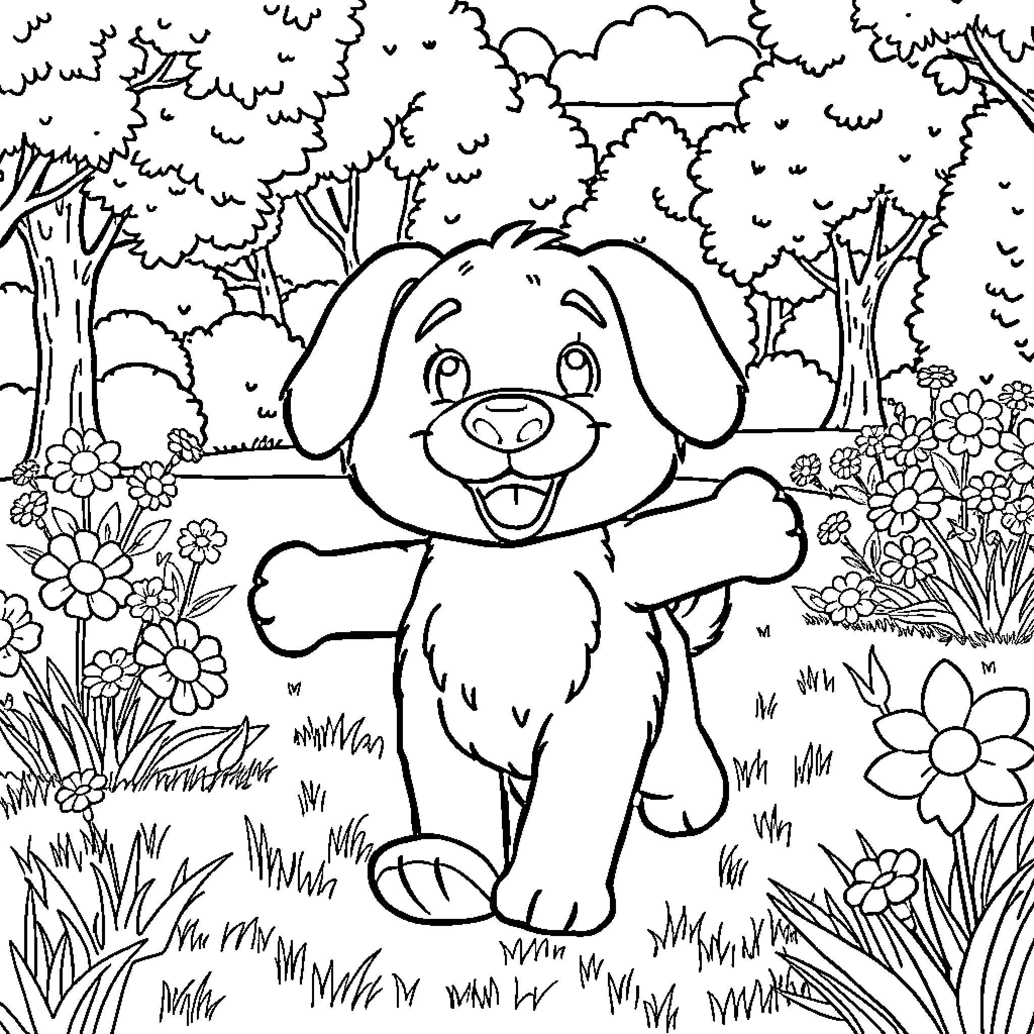 Pup playing joyfully in the garden Coloring Page (free black-and-white line drawing printable PDF for all, from beginners to advanced learners, including children, teens, adults, and seniors)