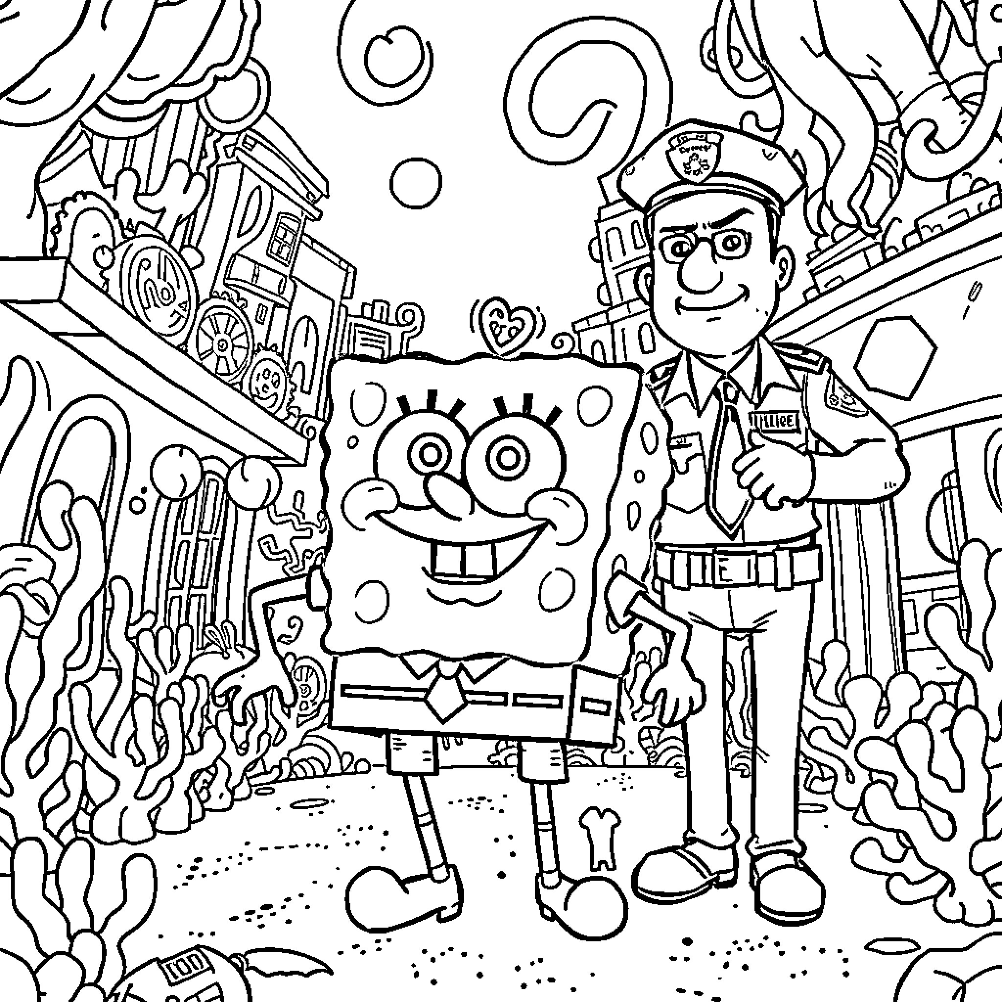 Spongebob and friends in a whimsical undersea adventure Coloring Page (free black-and-white line drawing printable PDF for all, from beginners to advanced learners, including children, teens, adults, and seniors)