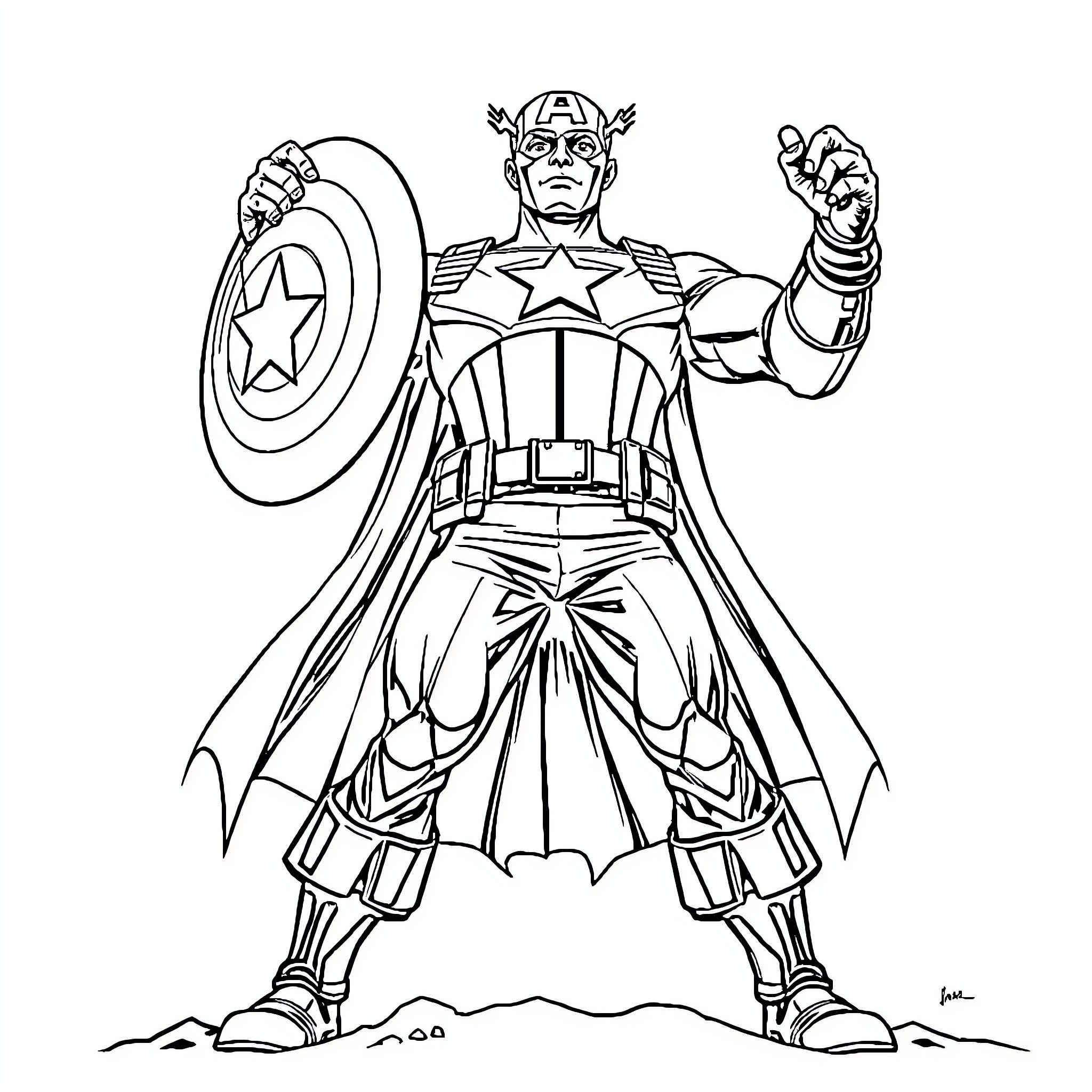 Captain America in heroic pose with shield Coloring Page (free black-and-white line drawing printable PDF for all, from beginners to advanced learners, including children, teens, adults, and seniors)