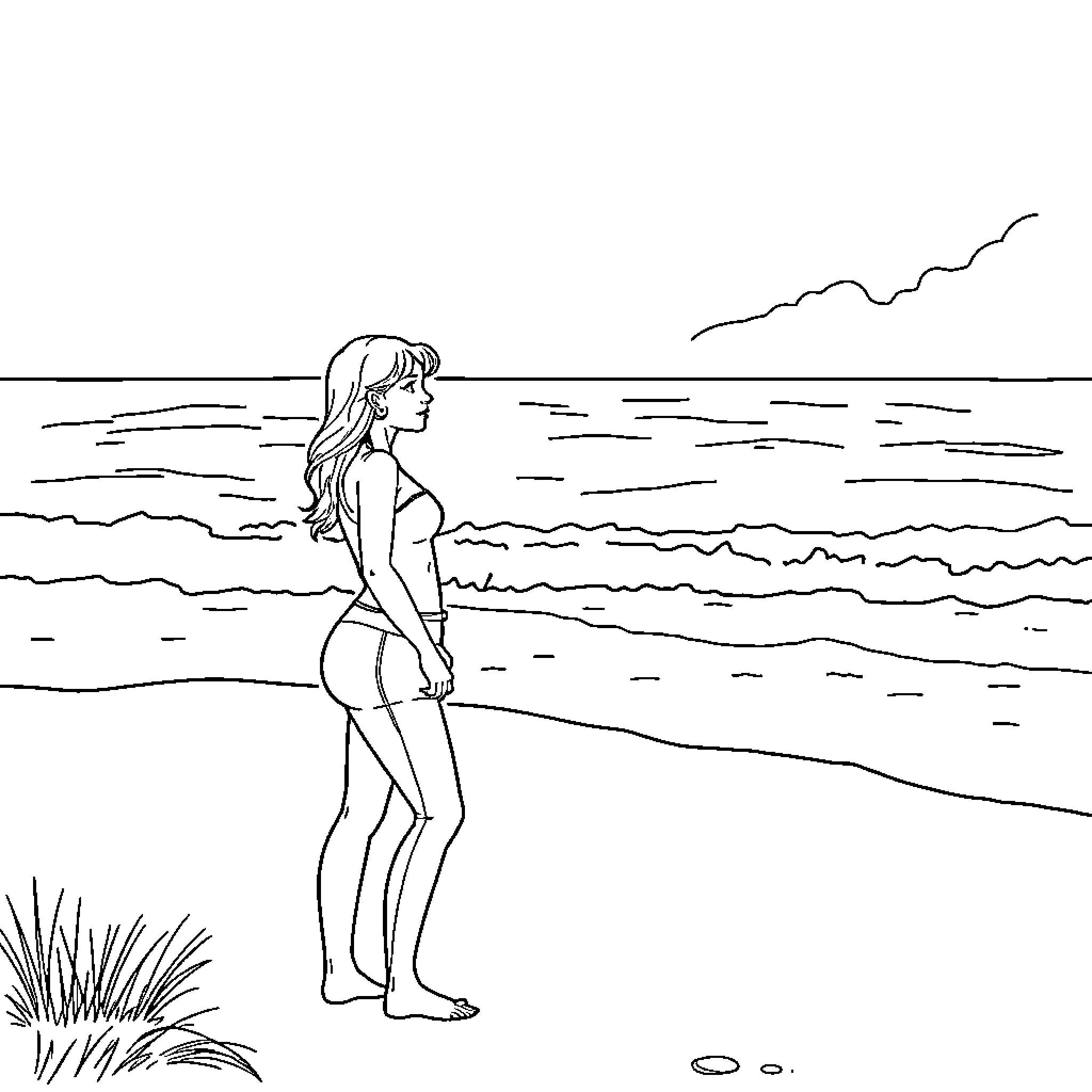 Alyssa enjoying the tranquil beach scene Coloring Page (free black-and-white line drawing printable PDF for all, from beginners to advanced learners, including children, teens, adults, and seniors)