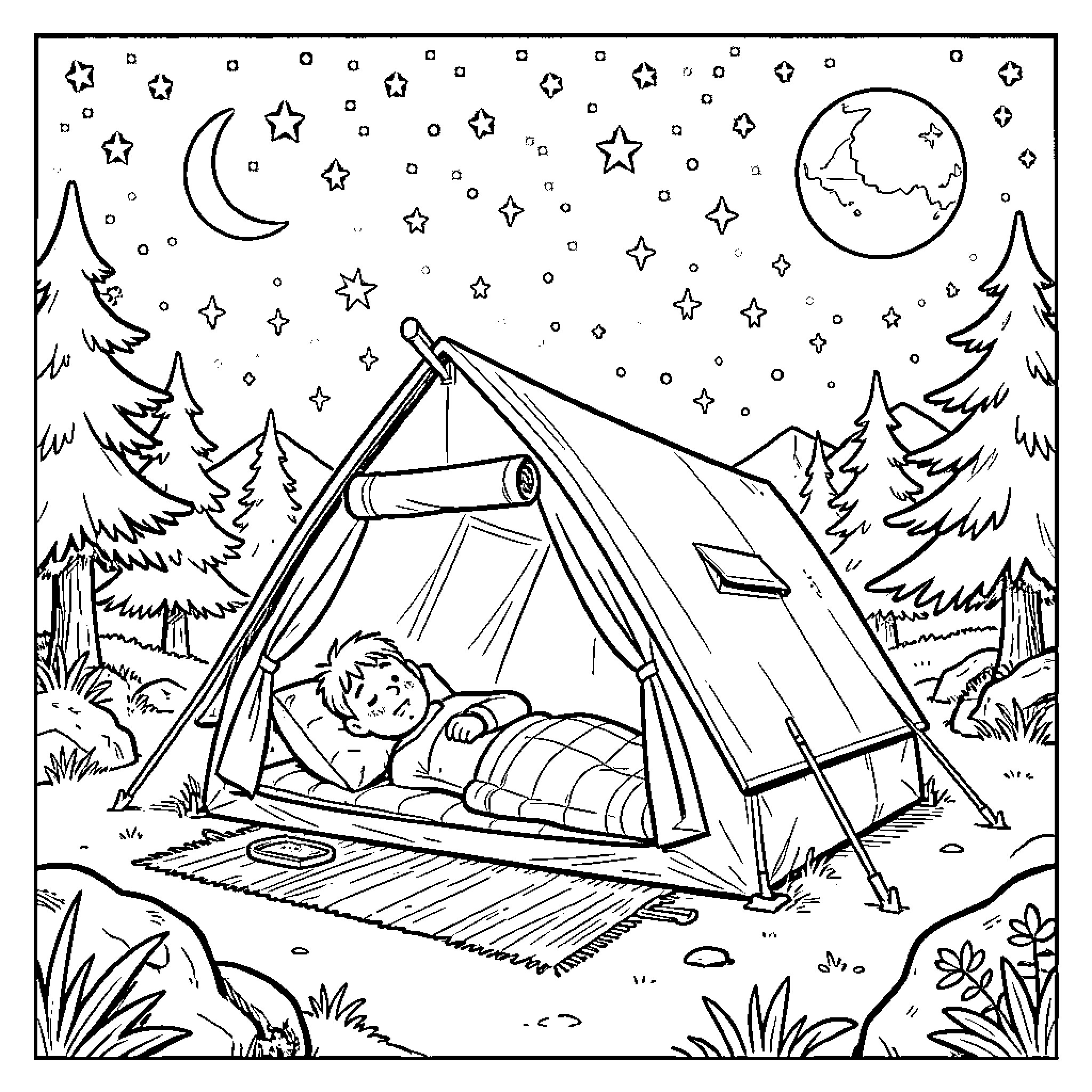 Tintin sleeping peacefully inside a tent under the stars Coloring Page (free black-and-white line drawing printable PDF for all, from beginners to advanced learners, including children, teens, adults, and seniors)