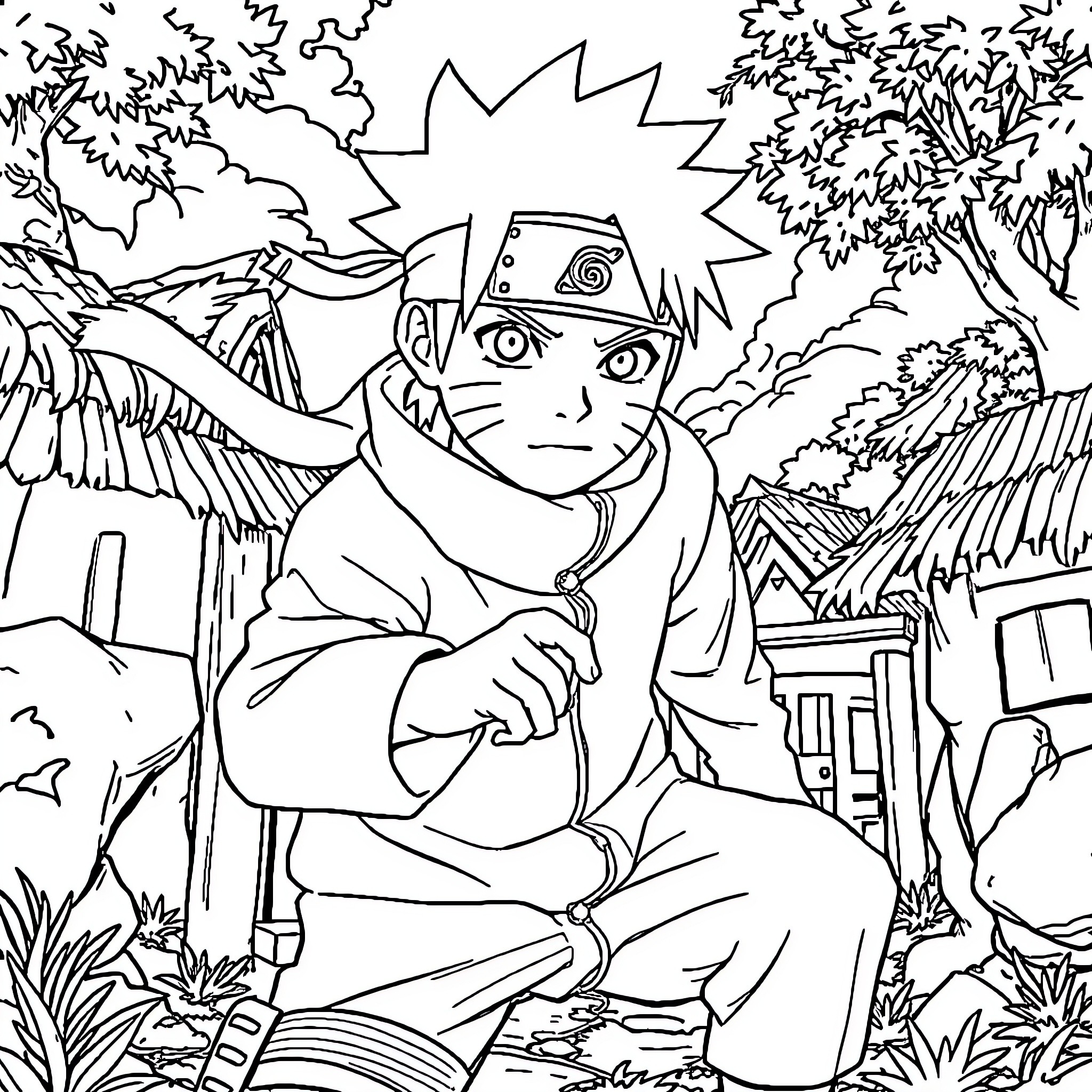 Naruto in a peaceful forest setting Coloring Page (free black-and-white line drawing printable PDF for all, from beginners to advanced learners, including children, teens, adults, and seniors)