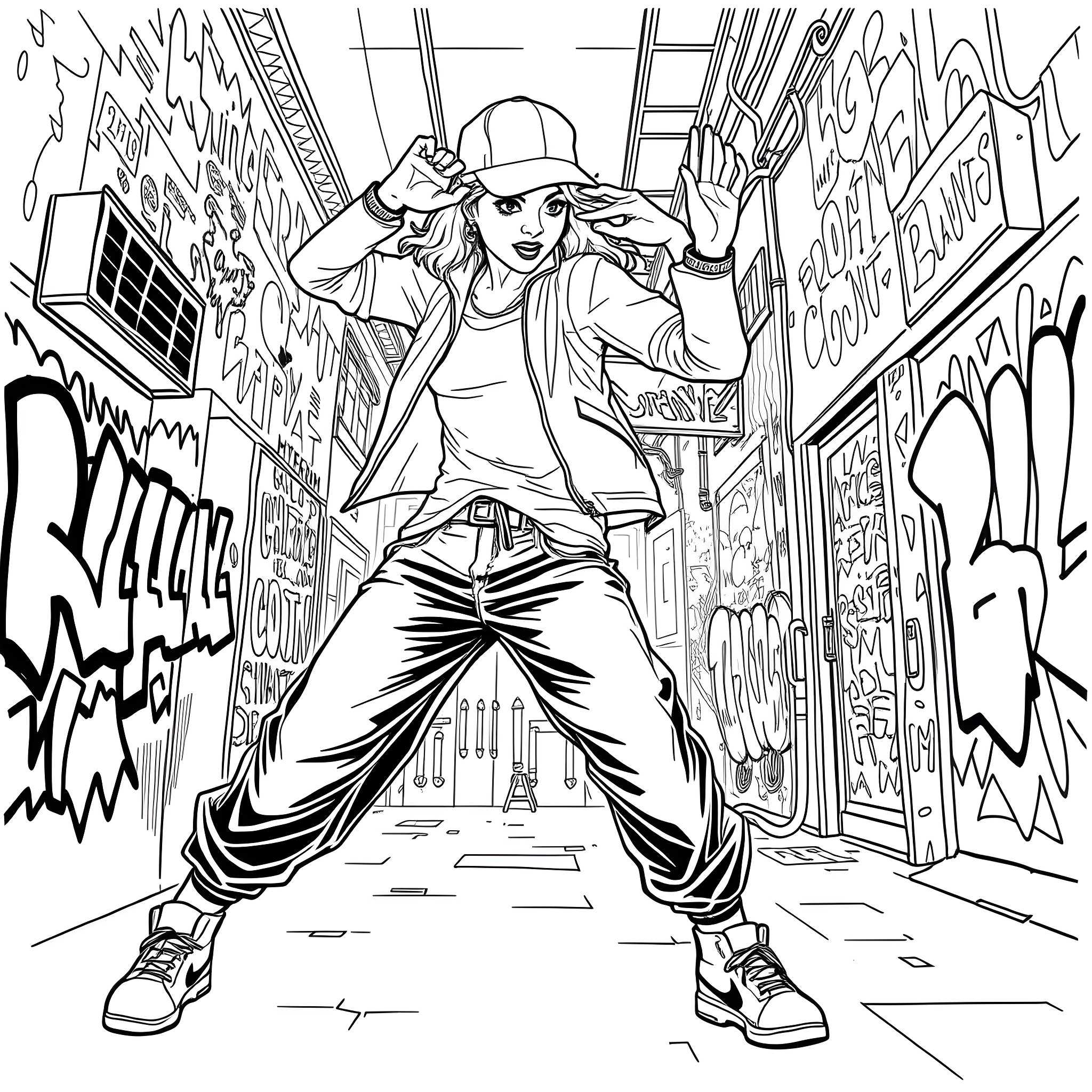 Dana exploring the vibrant urban graffiti scene Coloring Page (free black-and-white line drawing printable PDF for all, from beginners to advanced learners, including children, teens, adults, and seniors)