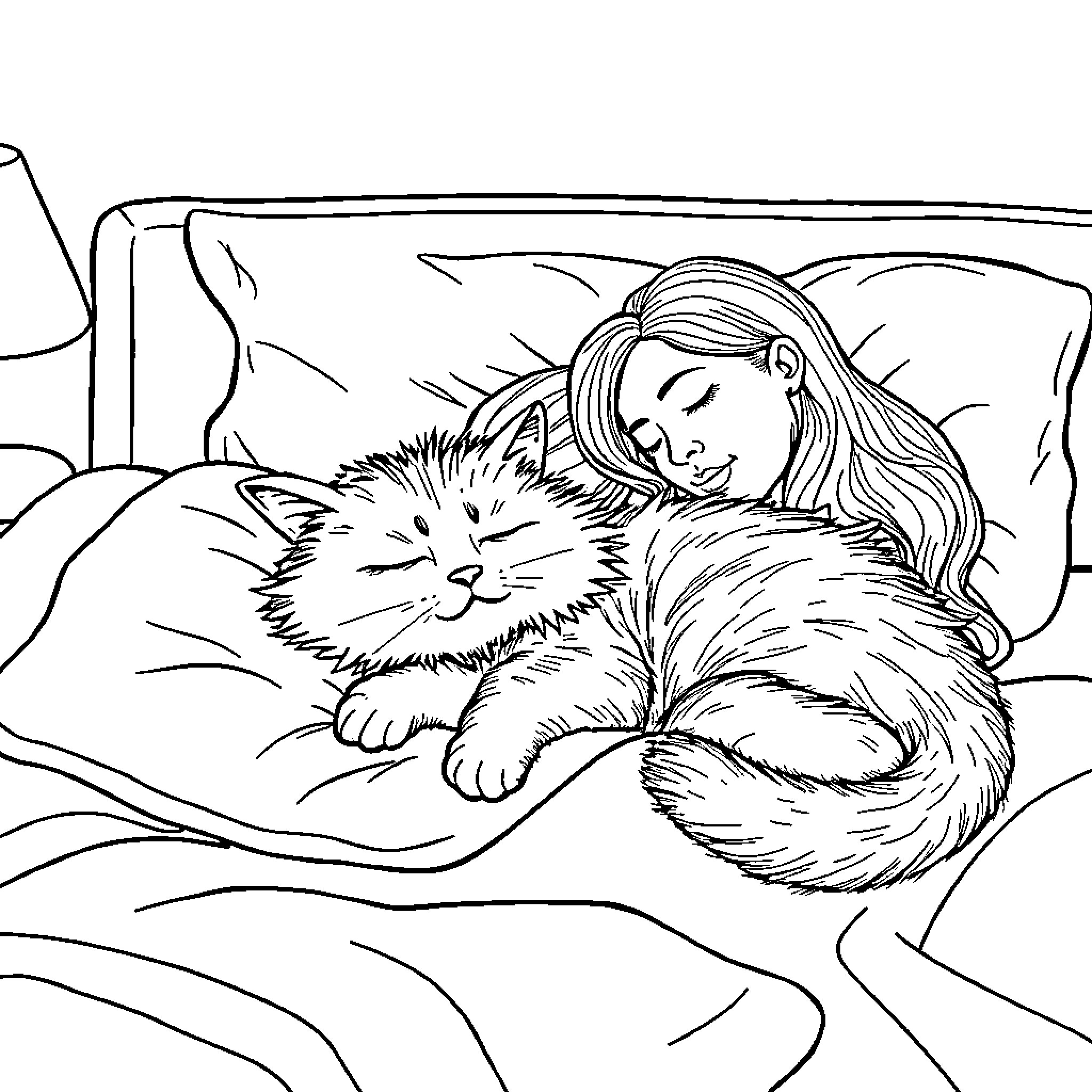 Cat snuggling with sleeping woman on bed Coloring Page (free black-and-white line drawing printable PDF for all, from beginners to advanced learners, including children, teens, adults, and seniors)