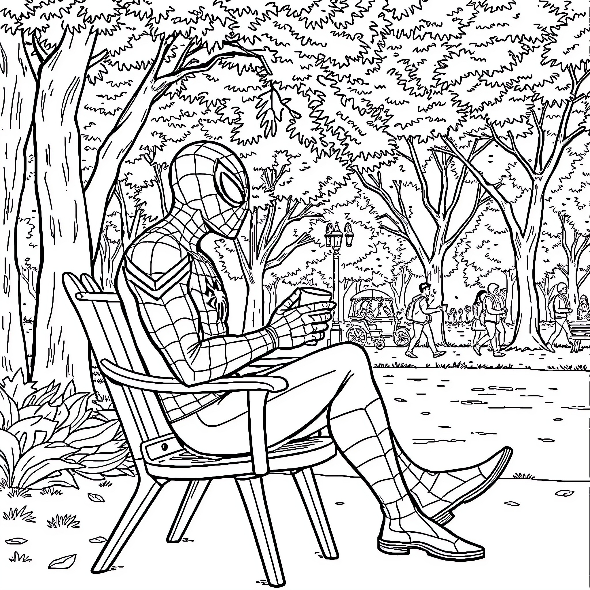 Spiderman relaxing in the park Coloring Page (free black-and-white line drawing printable PDF for all, from beginners to advanced learners, including children, teens, adults, and seniors)
