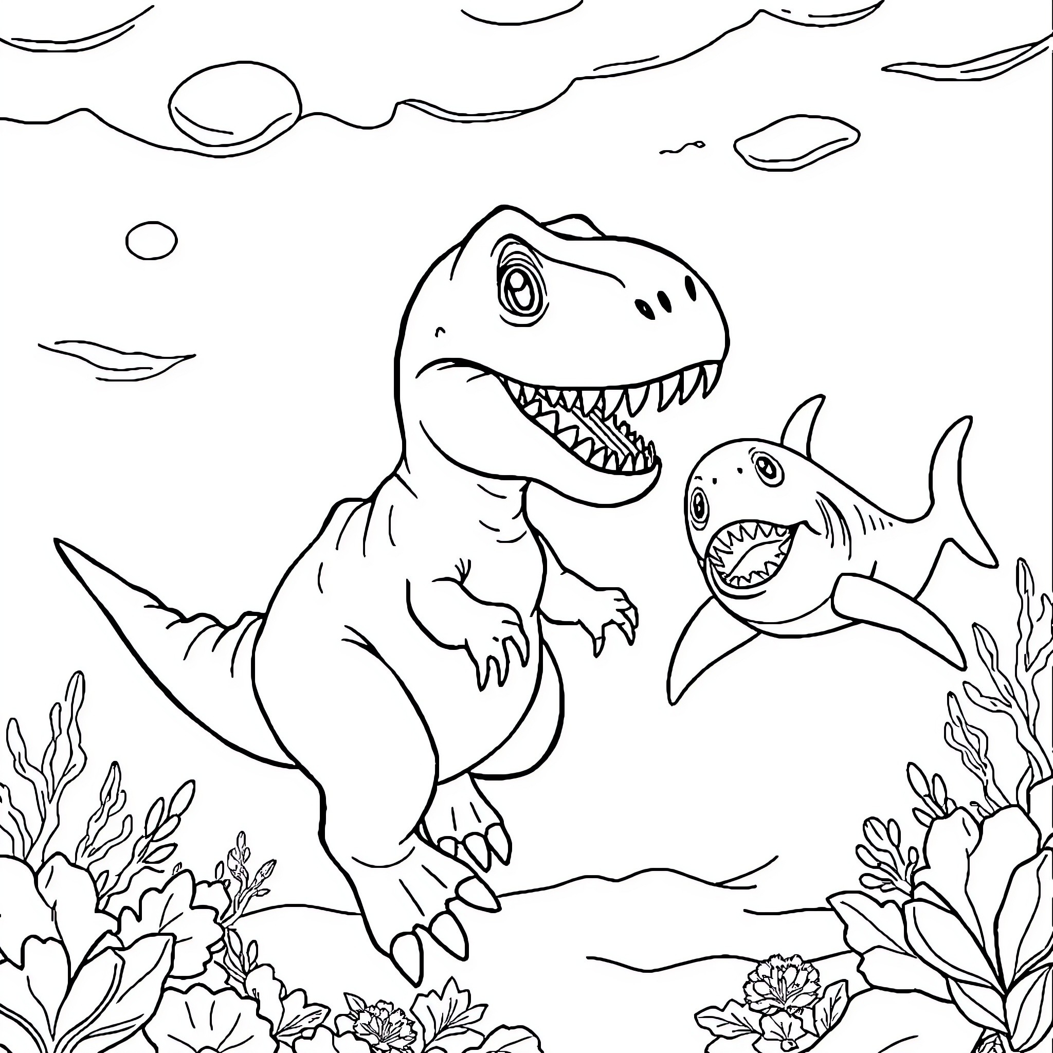 Baby T-Rex exploring the underwater world Coloring Page (free black-and-white line drawing printable PDF for all, from beginners to advanced learners, including children, teens, adults, and seniors)