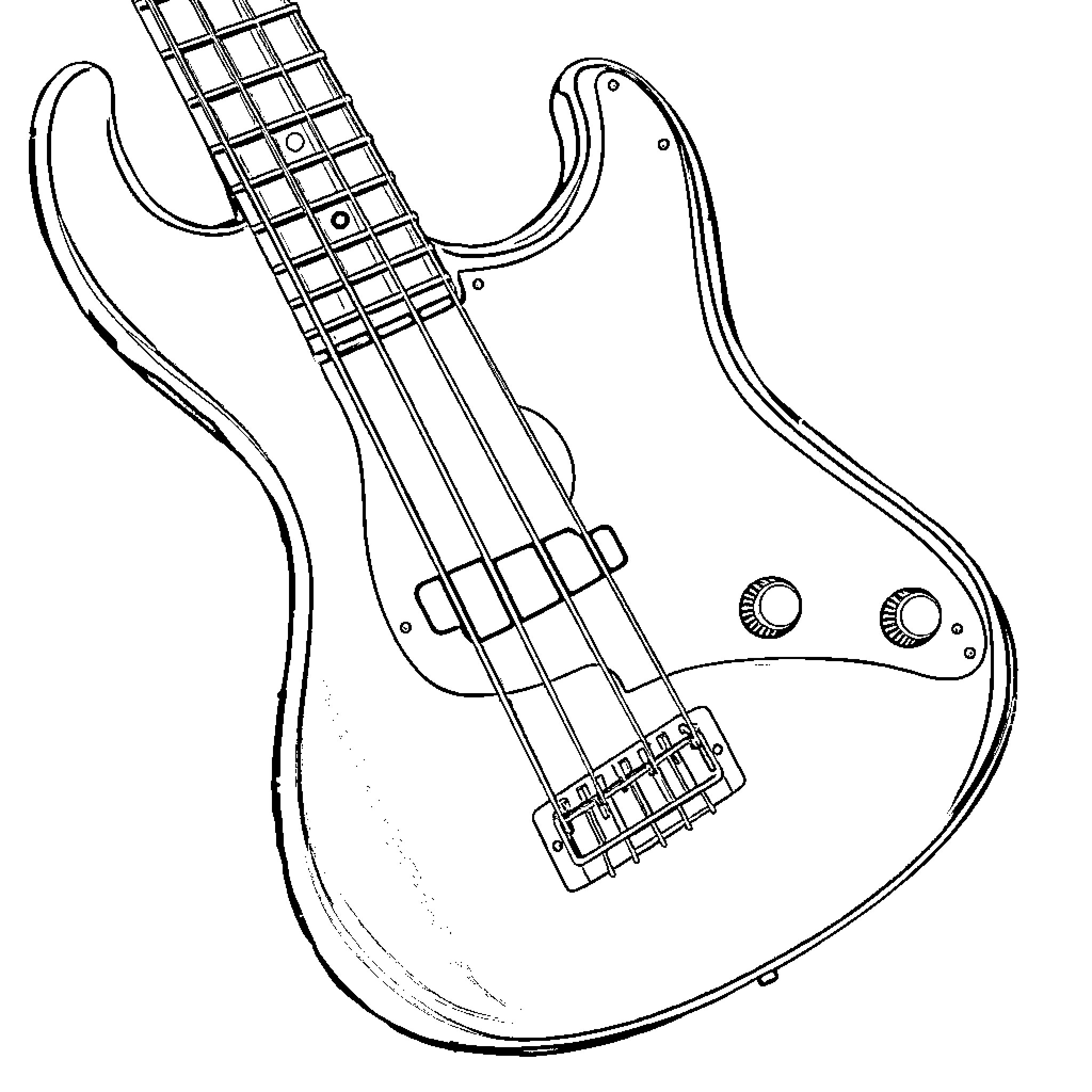 Bass Guitar with Distinct Features Coloring Page (free black-and-white line drawing printable PDF for all, from beginners to advanced learners, including children, teens, adults, and seniors)