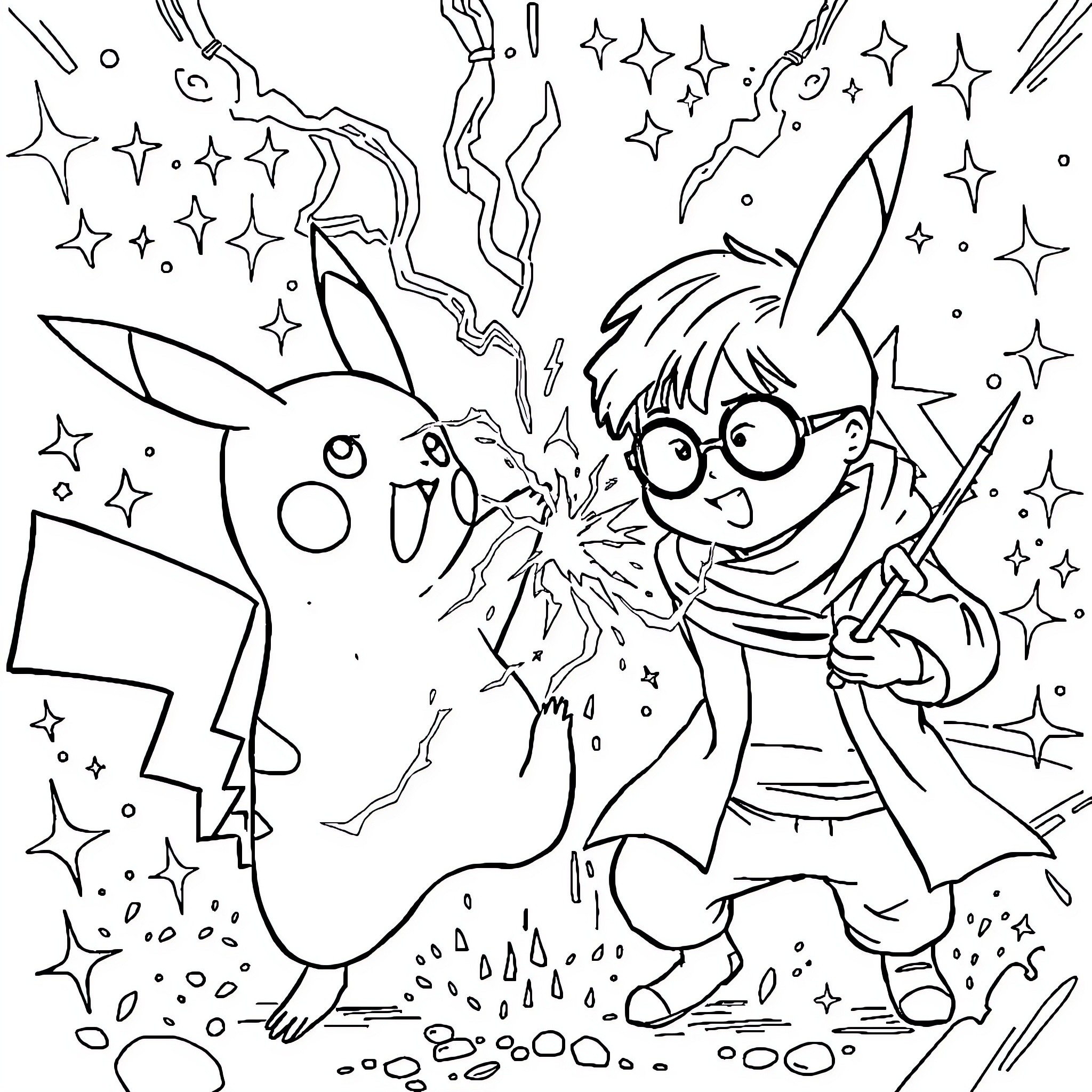 Pikachu and boy in magical adventure Coloring Page (free black-and-white line drawing printable PDF for all, from beginners to advanced learners, including children, teens, adults, and seniors)