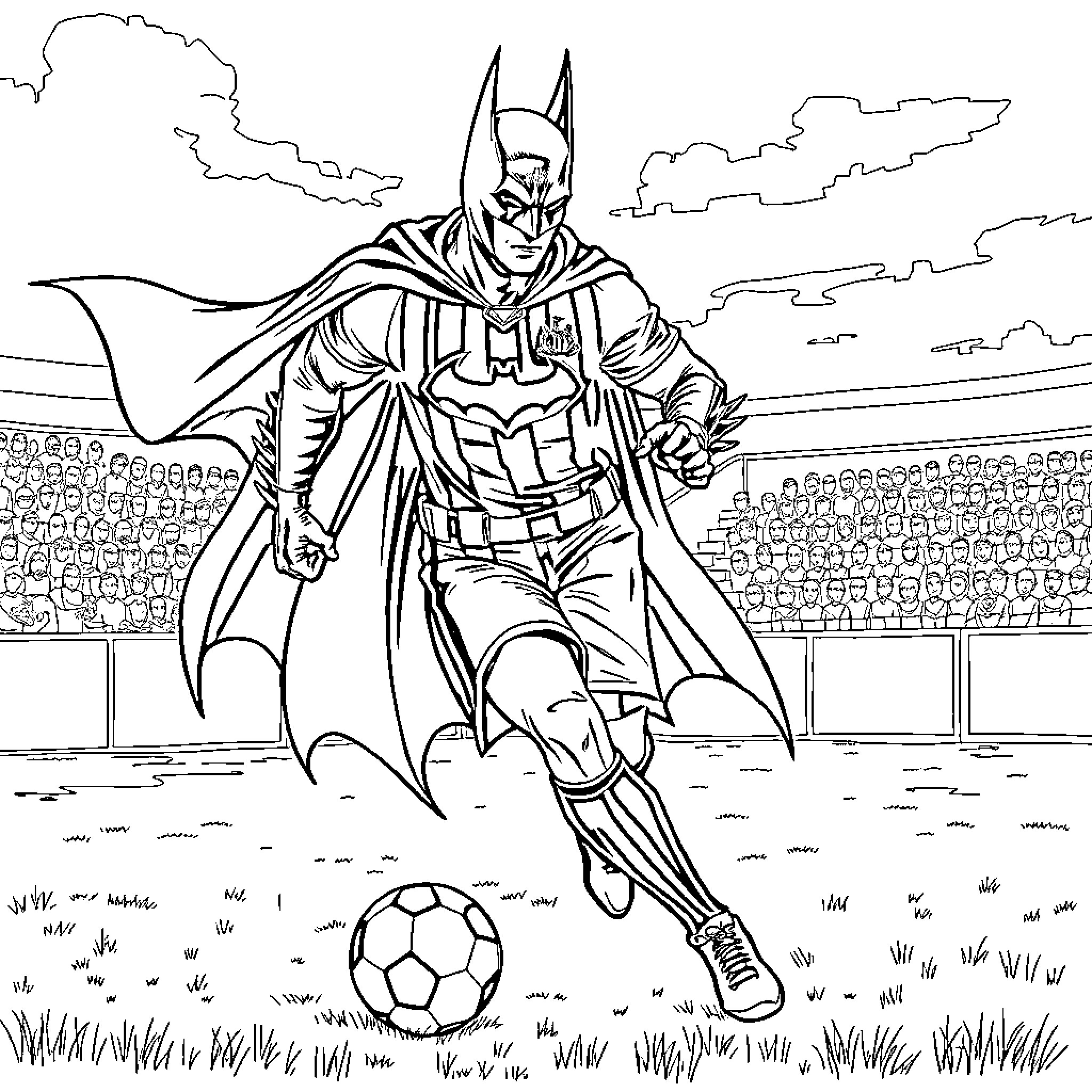 Batman playing soccer in a stadium Coloring Page (free black-and-white line drawing printable PDF for all, from beginners to advanced learners, including children, teens, adults, and seniors)