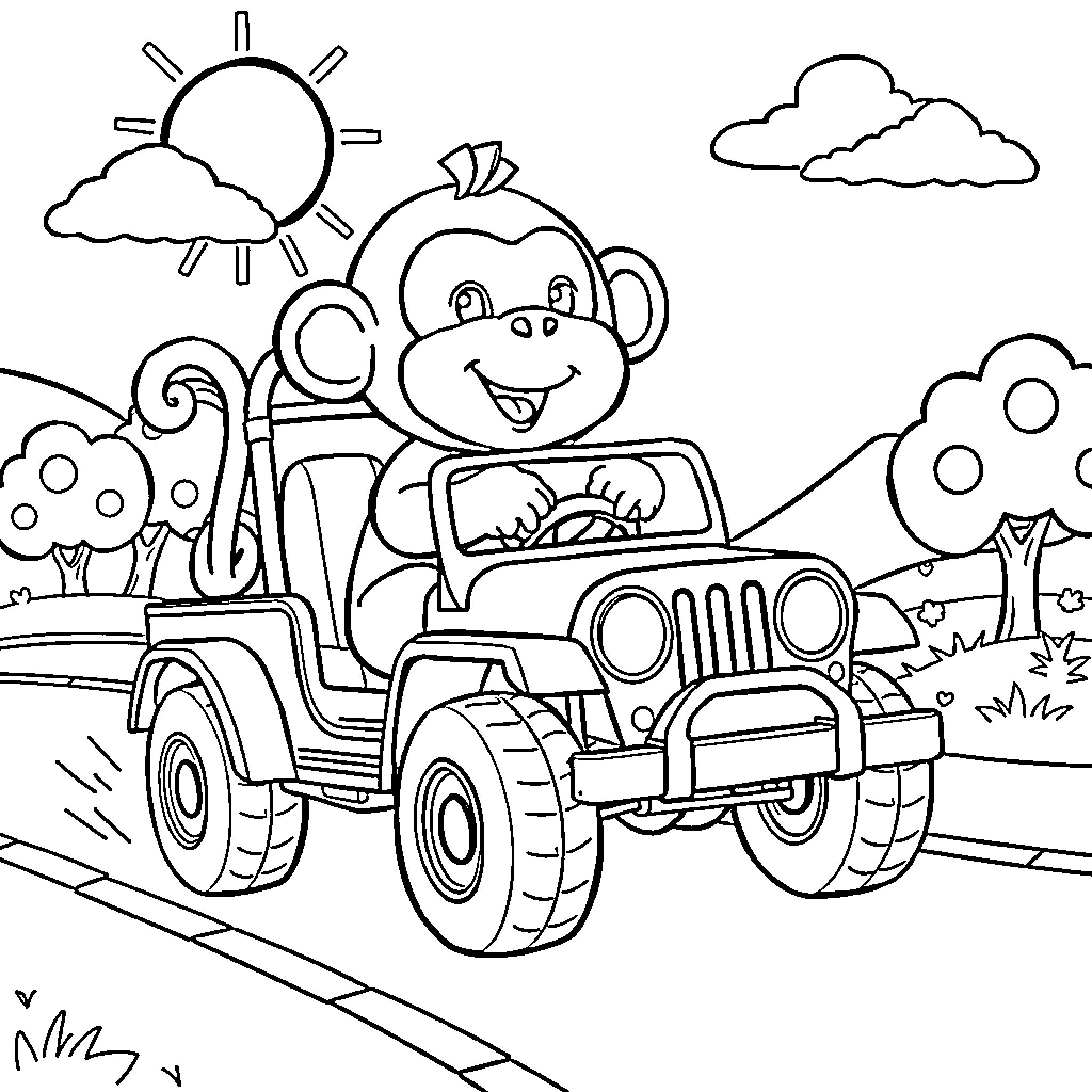 Pororo driving a jeep through the countryside Coloring Page (free black-and-white line drawing printable PDF for all, from beginners to advanced learners, including children, teens, adults, and seniors)