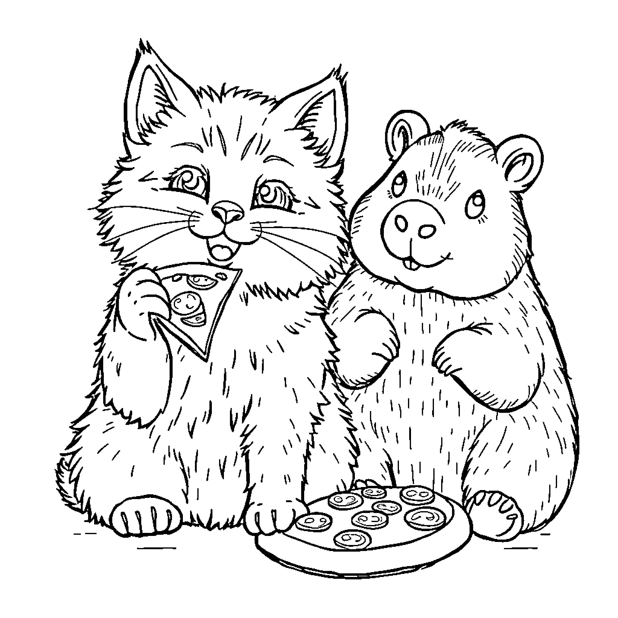 Cat and Teddy Bear Playing with Cookies Coloring Page (free black-and-white line drawing printable PDF for all, from beginners to advanced learners, including children, teens, adults, and seniors)