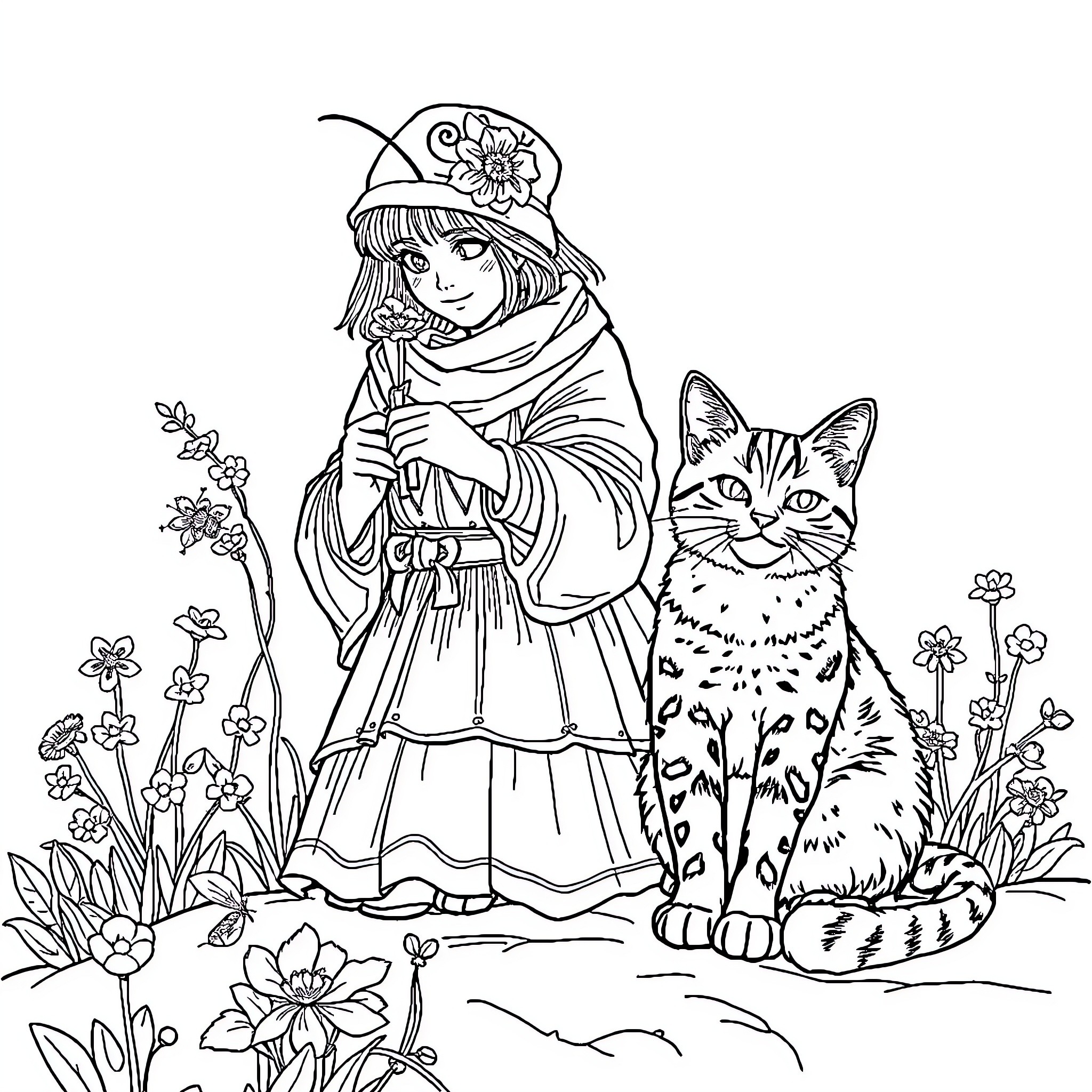 Imkerin in a floral meadow with a cat Coloring Page (free black-and-white line drawing printable PDF for all, from beginners to advanced learners, including children, teens, adults, and seniors)