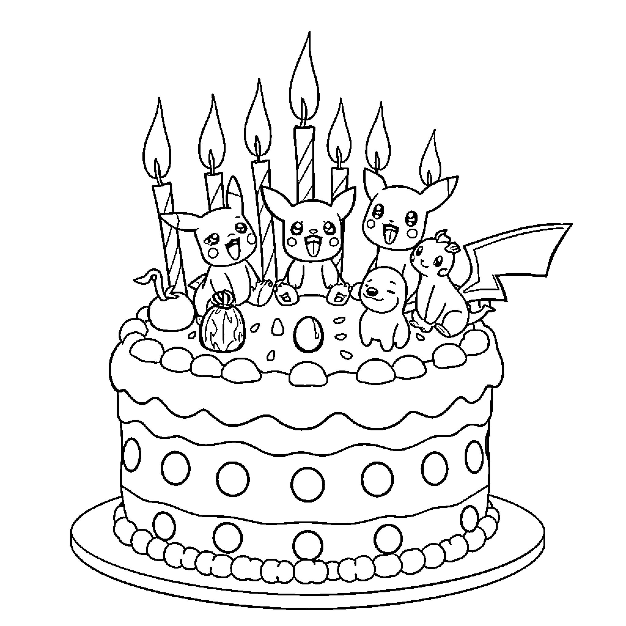 Cake Decorated with Whimsical Characters and Candles Coloring Page (free black-and-white line drawing printable PDF for all, from beginners to advanced learners, including children, teens, adults, and seniors)