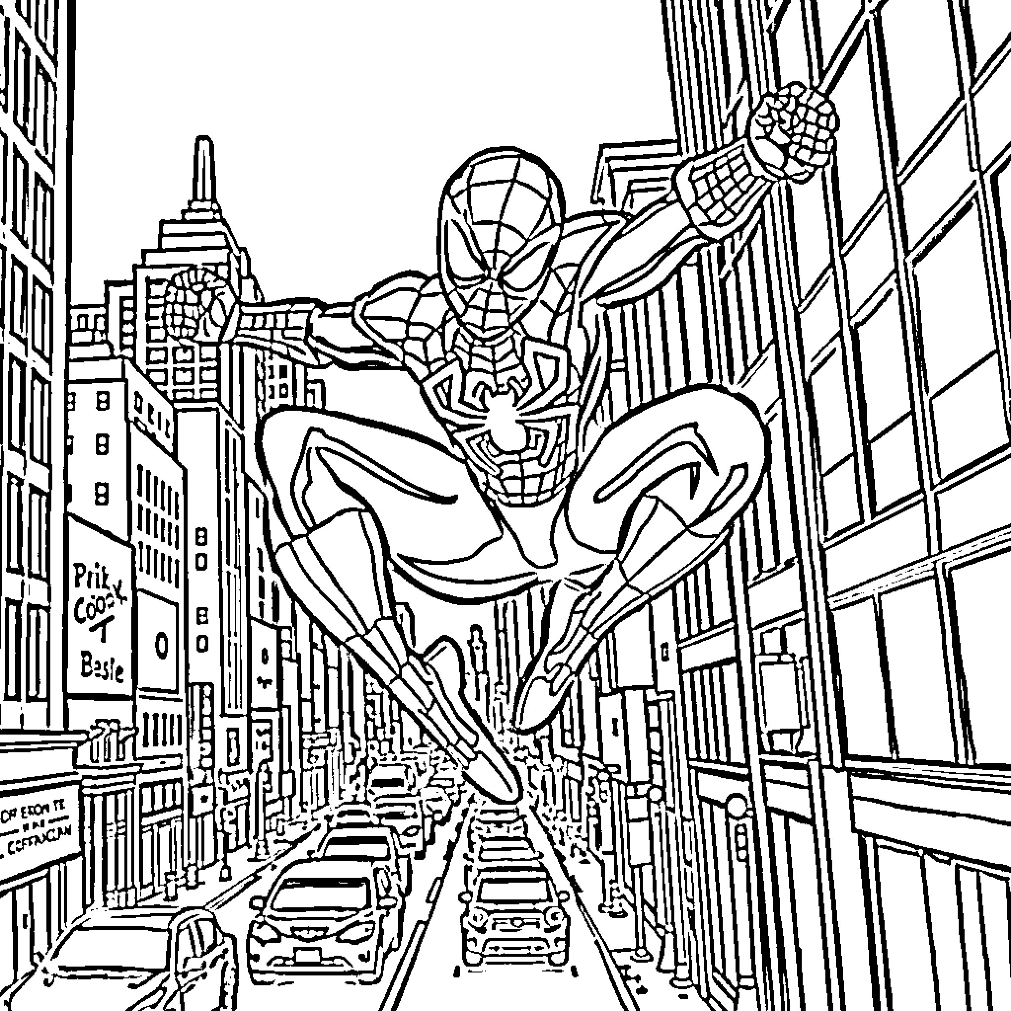 Spiderman swinging through the city skyscrapers Coloring Page (free black-and-white line drawing printable PDF for all, from beginners to advanced learners, including children, teens, adults, and seniors)