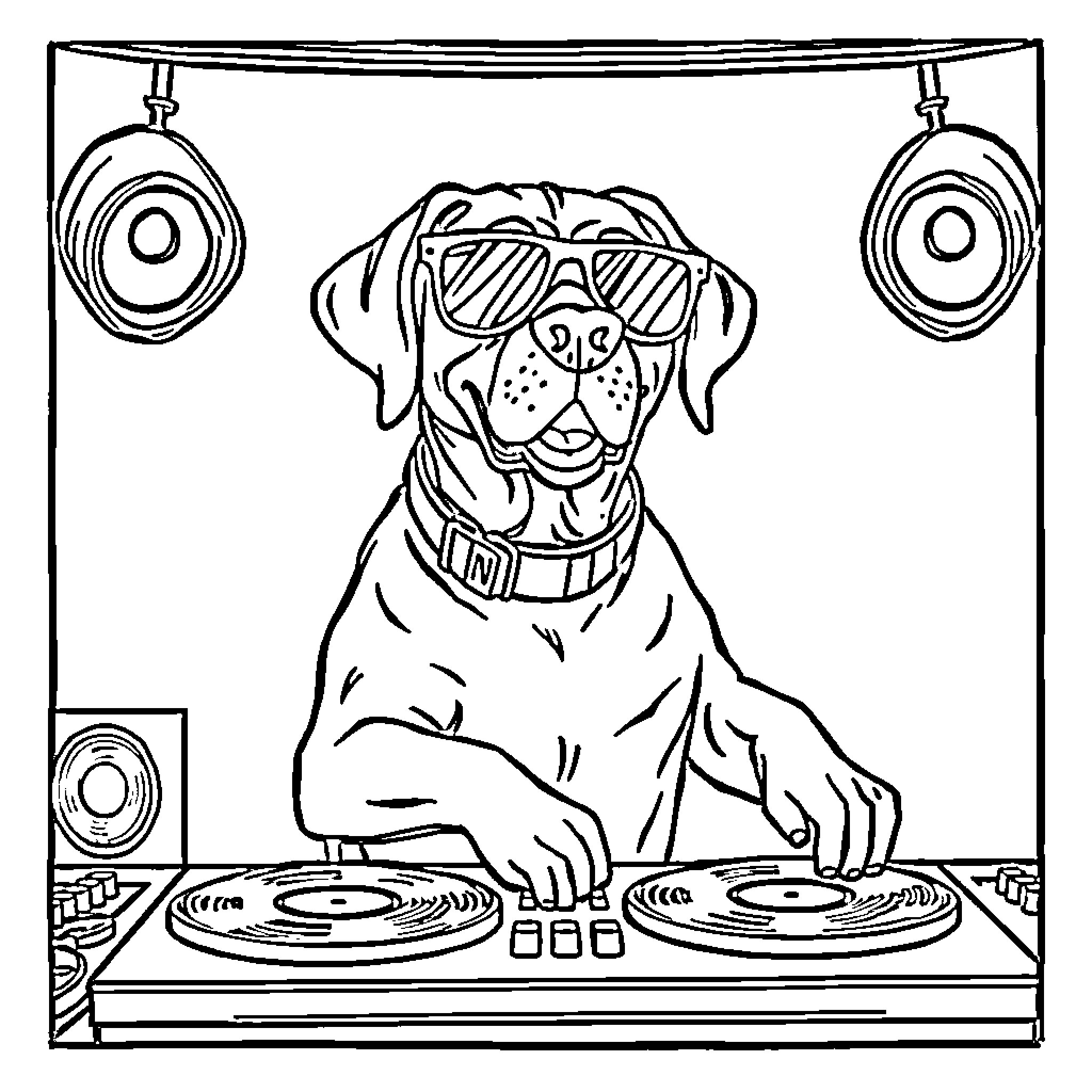 Labrador DJ spinning records with enthusiasm Coloring Page (free black-and-white line drawing printable PDF for all, from beginners to advanced learners, including children, teens, adults, and seniors)