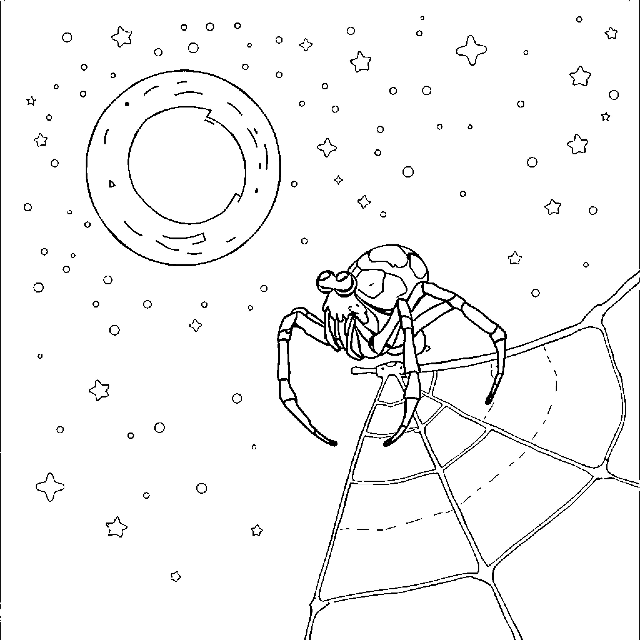 Spider gazing at the starry night sky Coloring Page (free black-and-white line drawing printable PDF for all, from beginners to advanced learners, including children, teens, adults, and seniors)