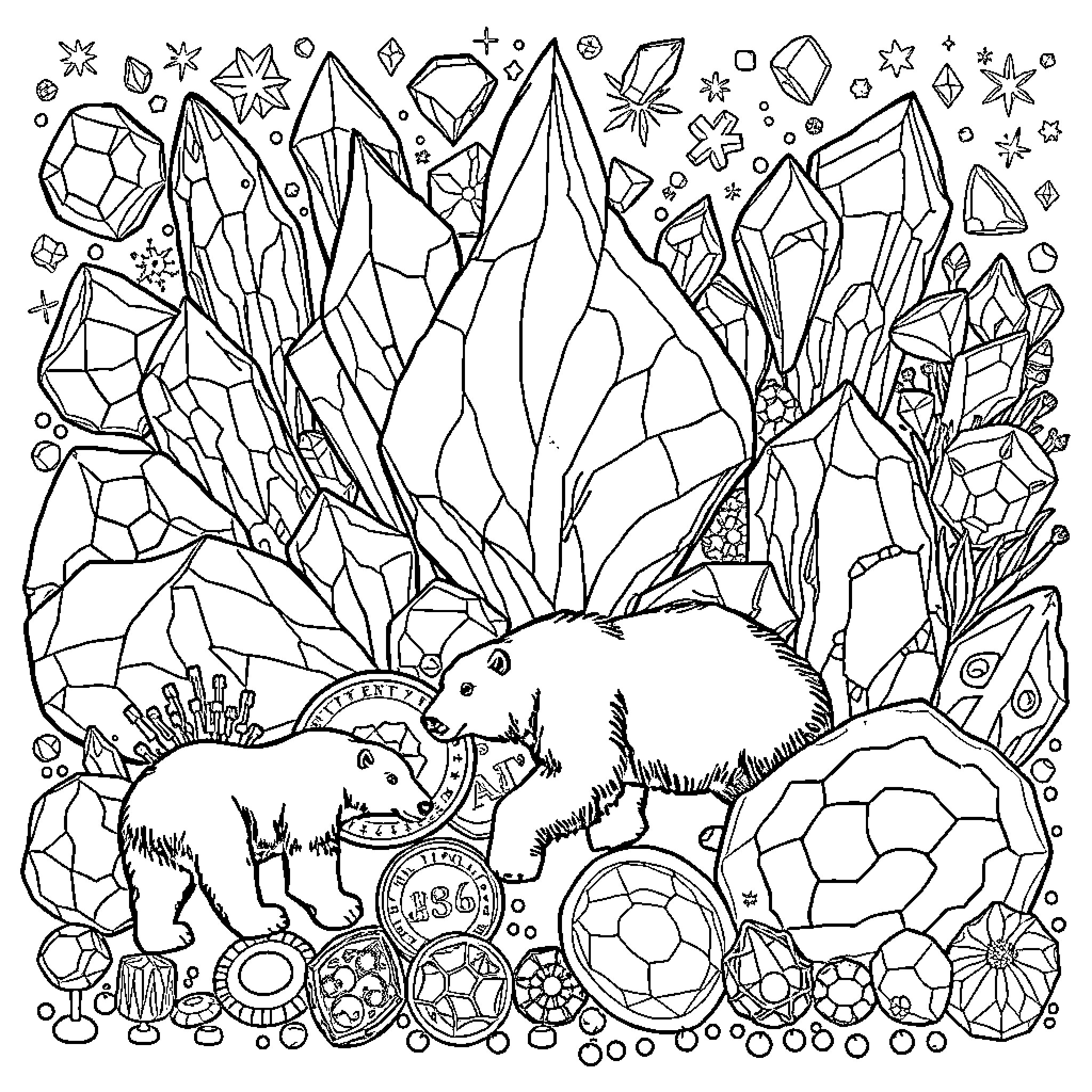 Edelstein's Crystalized Wonderland Coloring Page (free black-and-white line drawing printable PDF for all, from beginners to advanced learners, including children, teens, adults, and seniors)