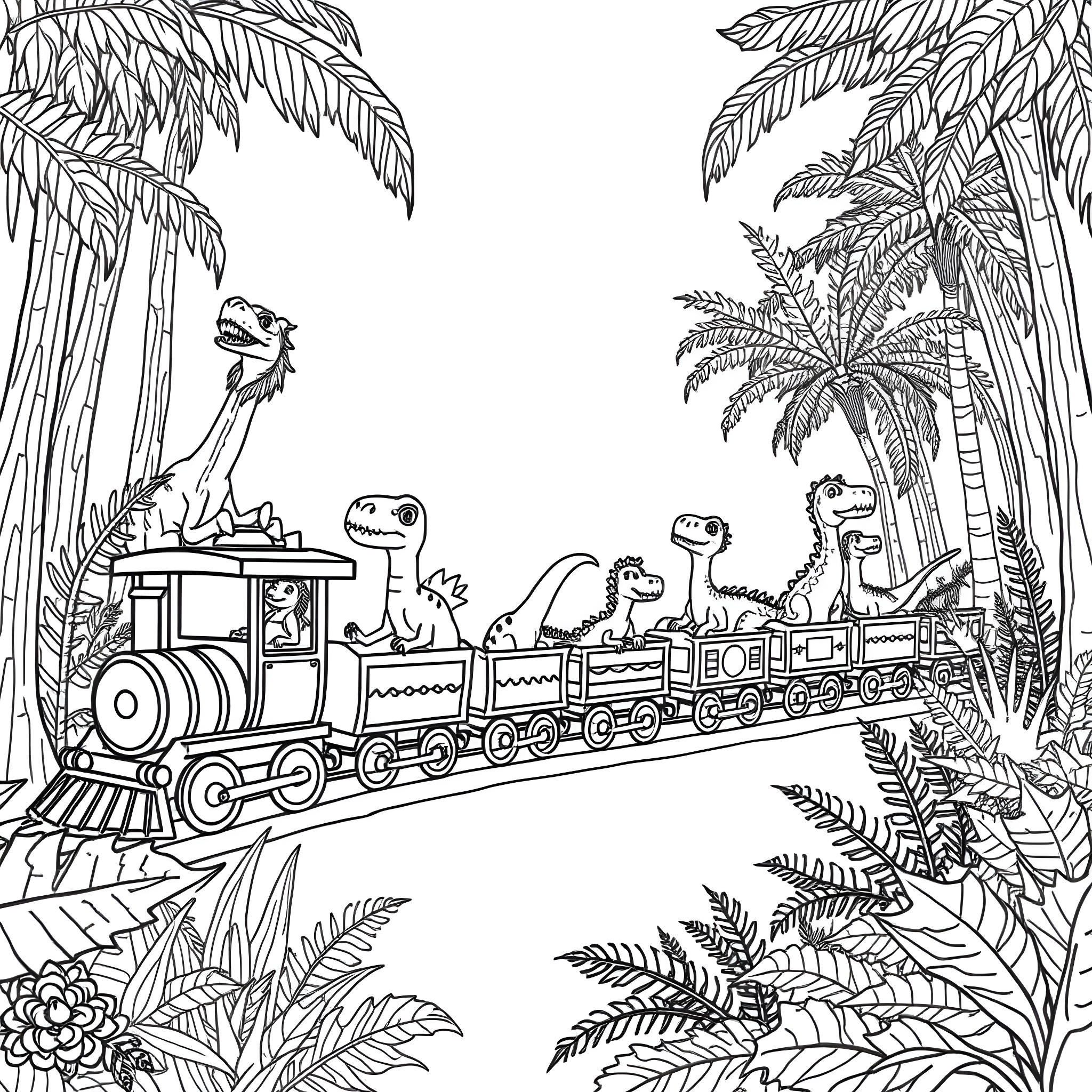 Dinosaur Train Travels Through Lush Jungle Landscape Coloring Page (free black-and-white line drawing printable PDF for all, from beginners to advanced learners, including children, teens, adults, and seniors)